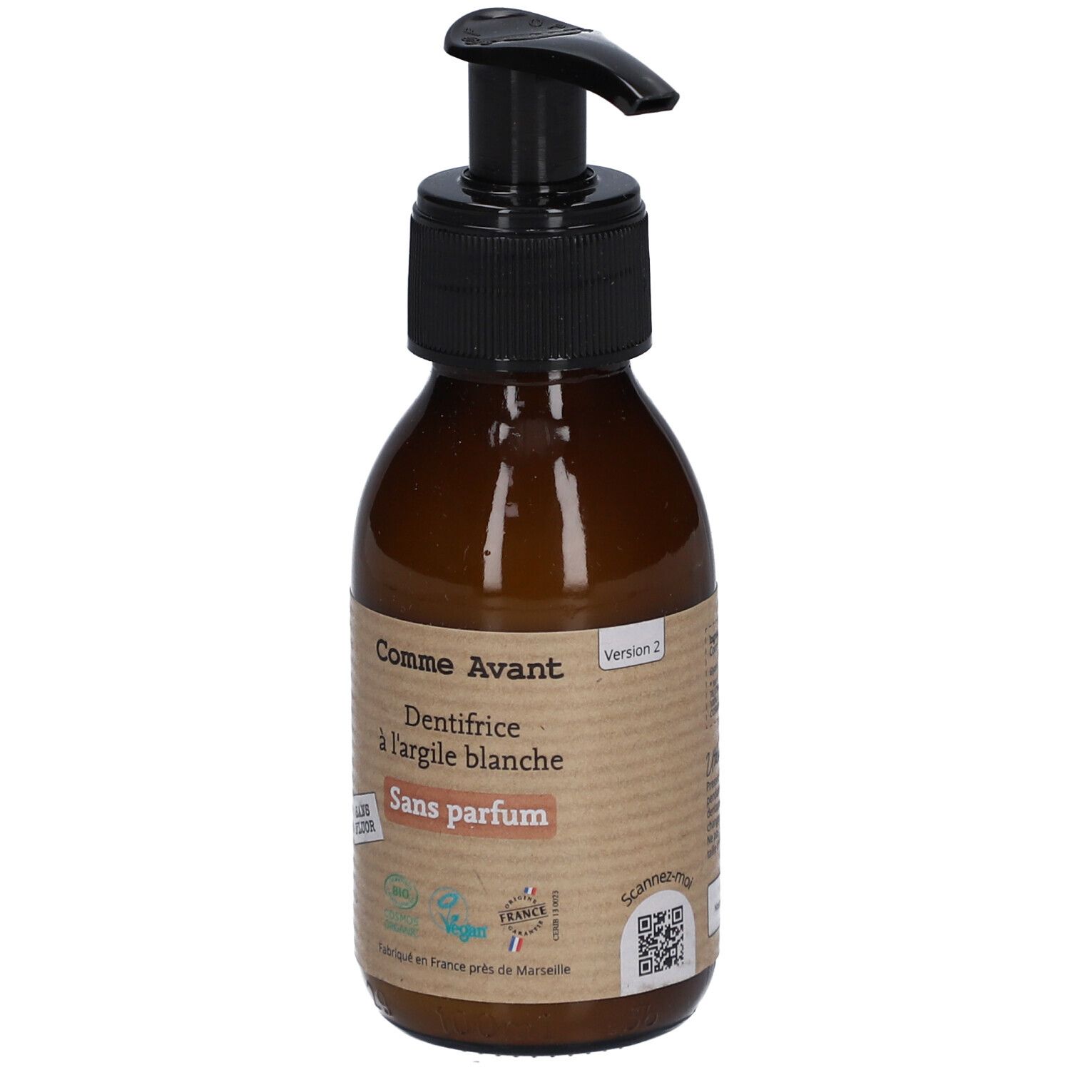 Braune Flasche mit schwarzem Pumpkopf. Etikett mit Text: Comme Avant, Dentifrice à l'argile blanche, Sans parfum. Version 2.