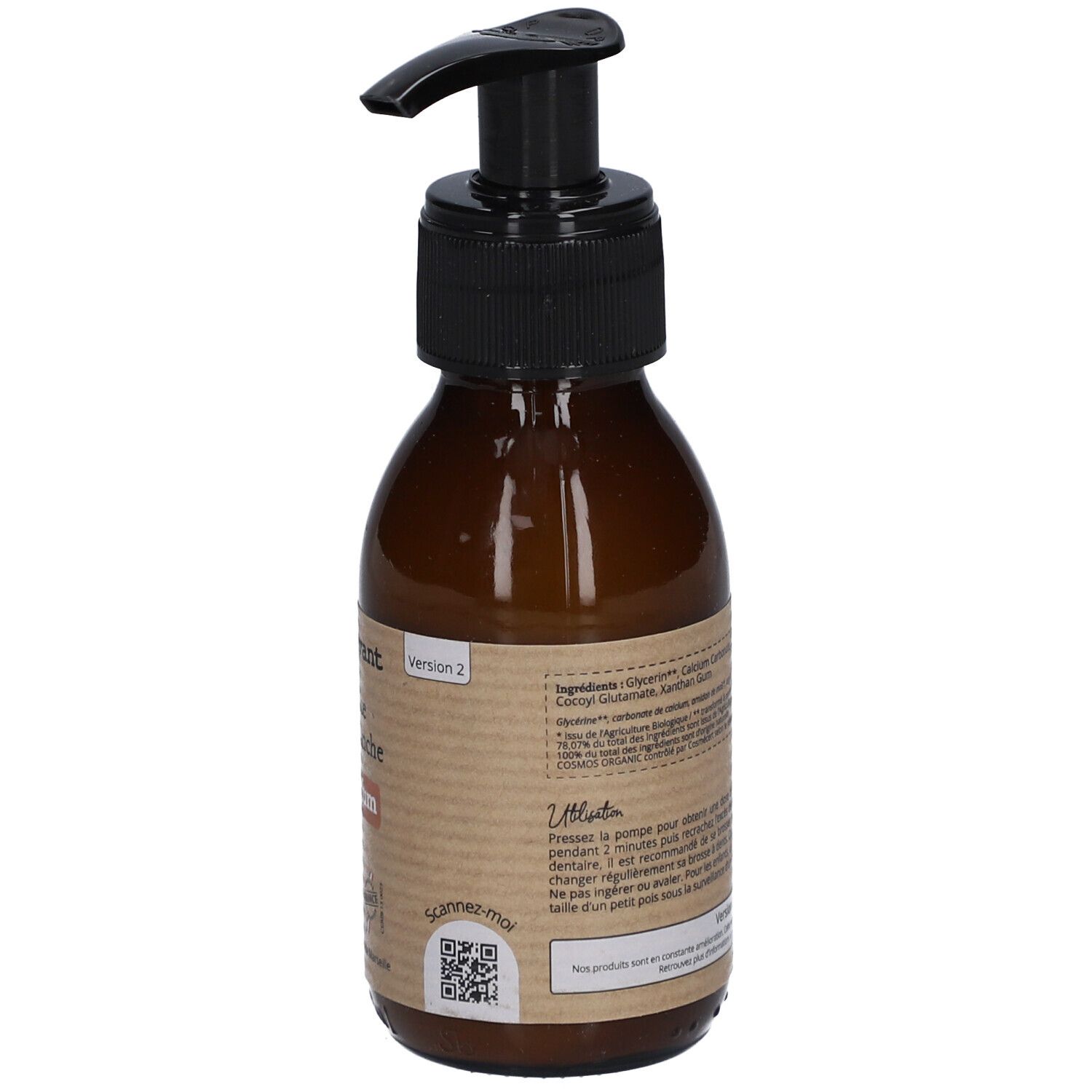 Rückseite der braunen Flasche mit schwarzem Pumpkopf. Etikett mit Text, Inhaltsstoffen und Anwendungshinweisen. Version 2.