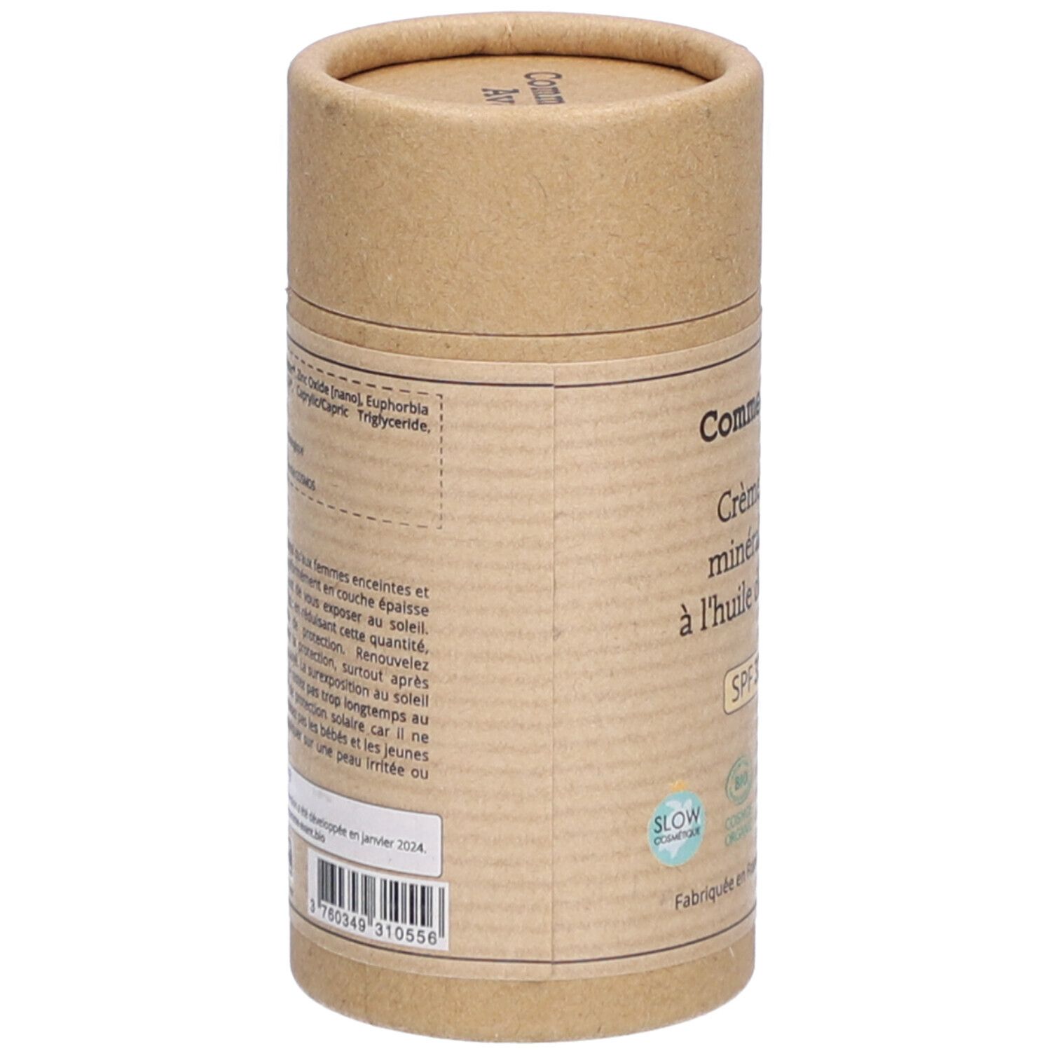 Emballage cylindrique. Texte: Ingrédients, conseils d'utilisation. Logos: Slow Cosmétique, Bio, Vegan, Fabriqué en France.