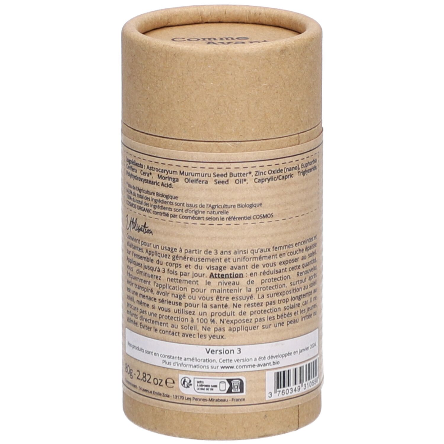 Emballage cylindrique. Texte: Ingrédients, conseils d'utilisation. Logos: Slow Cosmétique, Bio, Vegan, Fabriqué en France.