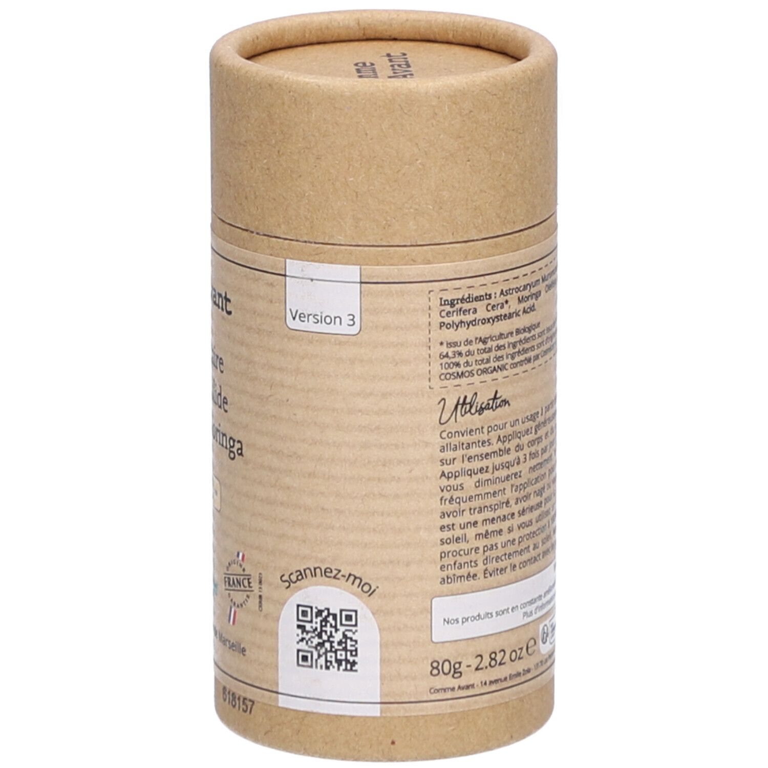 Emballage cylindrique. Texte: Ingrédients, conseils d'utilisation. Logos: Slow Cosmétique, Bio, Vegan, Fabriqué en France.