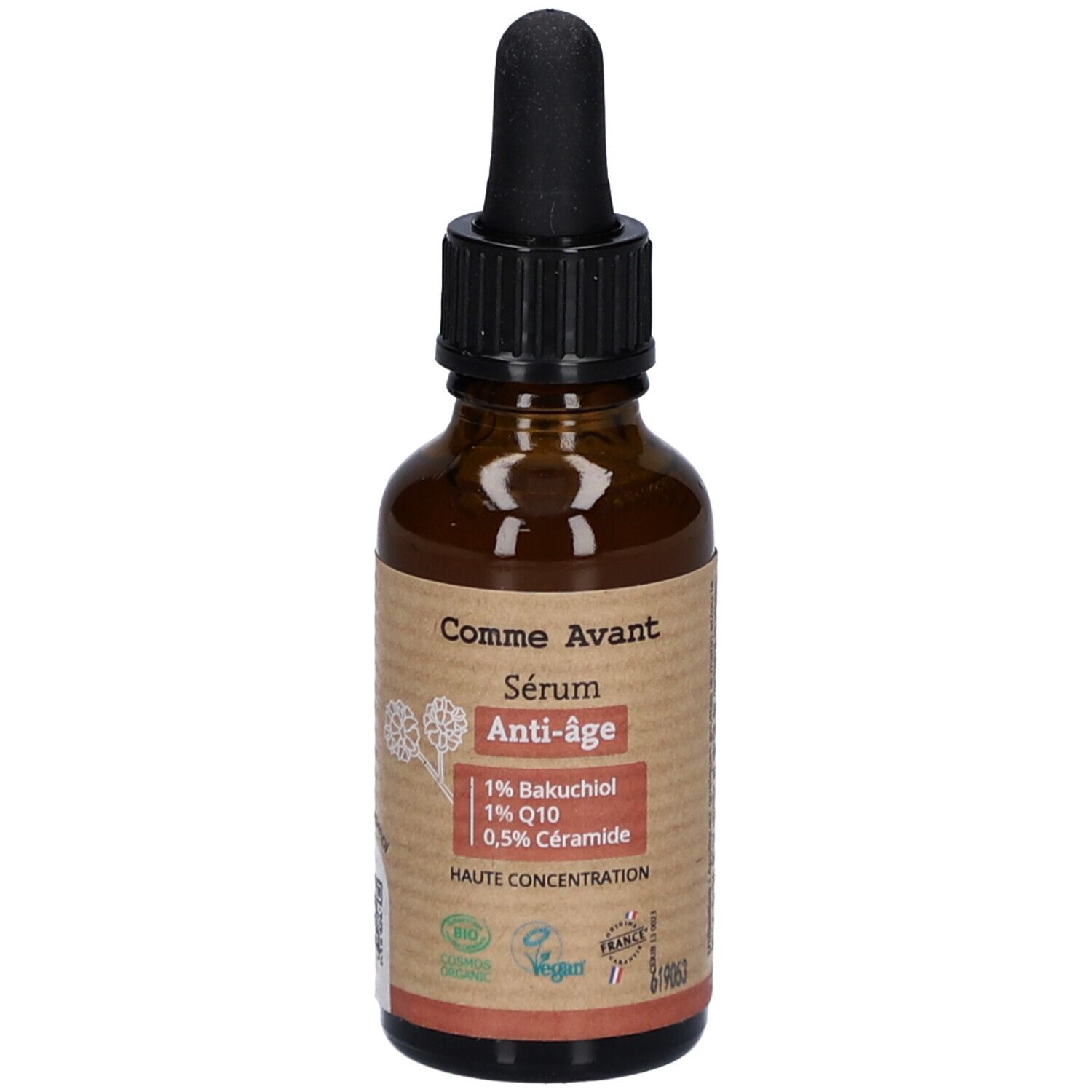 Braune Glasflasche mit schwarzem Tropfer. Etikett mit Produktnamen, „Sérum Anti-Âge“ und Inhaltsstoffen. Vegan-Siegel.