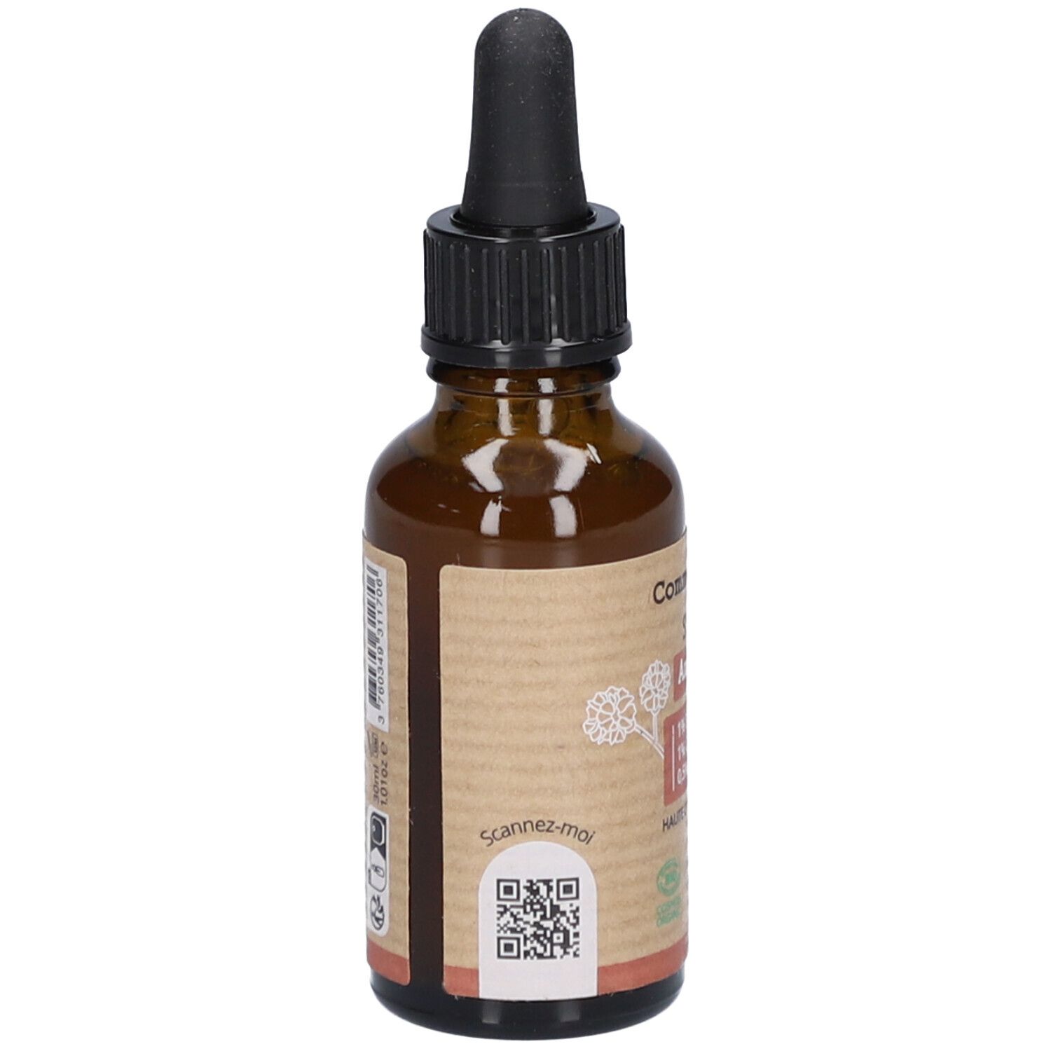 Rückseite einer braunen Glasflasche mit schwarzem Tropfer. Etikett mit QR-Code und Text. Vegan-Siegel.