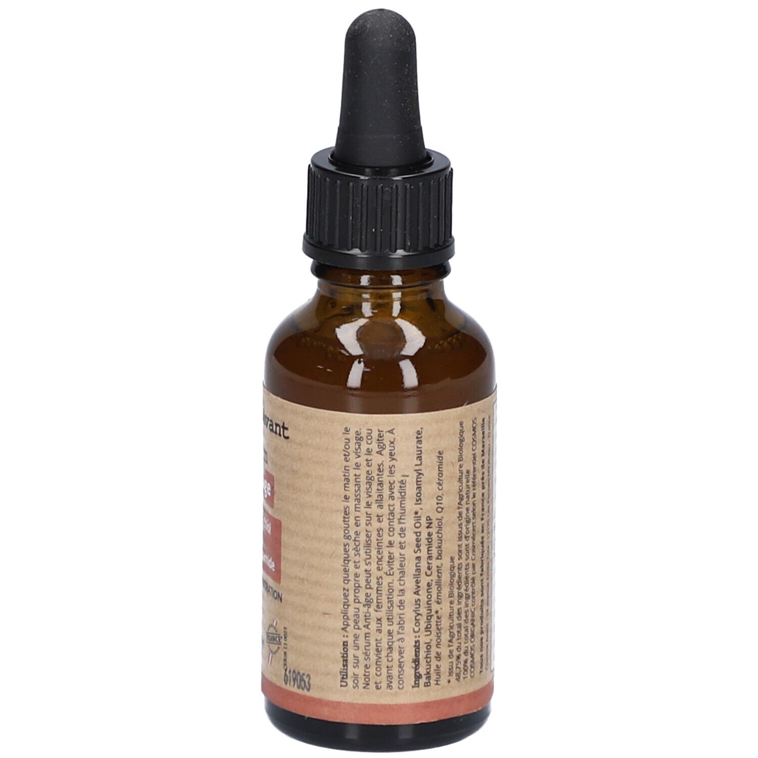 Rückseite einer braunen Glasflasche mit schwarzem Tropfer. Etikett mit Anweisungen und Inhaltsstoffen. Vegan-Siegel.