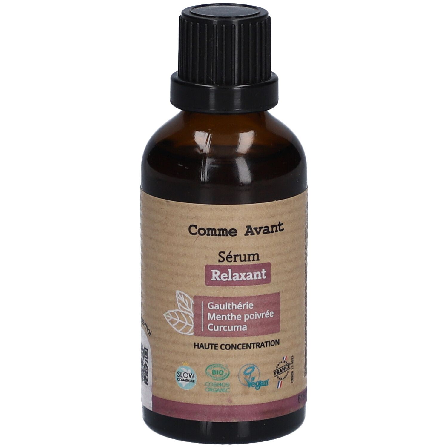 Braune Glasflasche mit schwarzem Verschluss. Etikett mit Produktnamen, Inhaltsstoffen und Zertifizierungen. "Comme Avant" und "Sérum Relaxant".