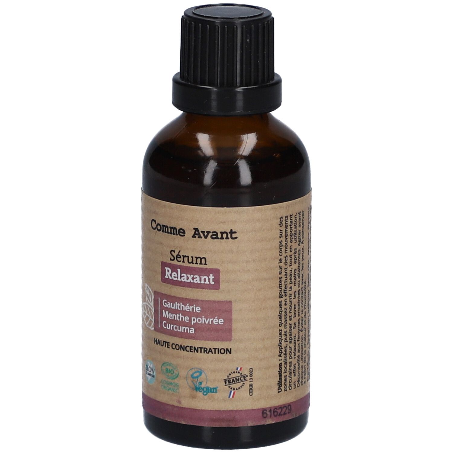 Braune Glasflasche mit schwarzem Verschluss. Etikett mit Produktnamen, Inhaltsstoffen und Zertifizierungen. "Comme Avant" und "Sérum Relaxant".