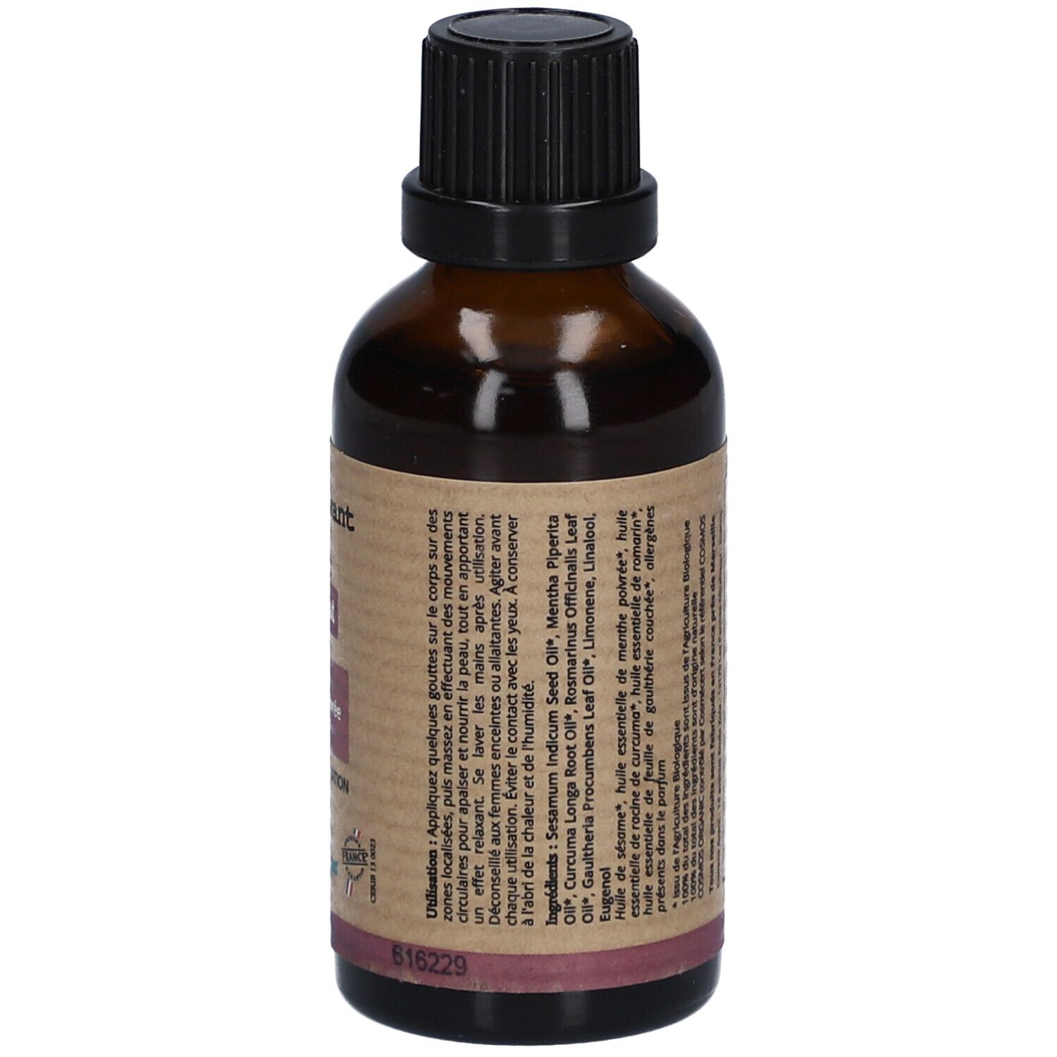 Braune Glasflasche mit schwarzem Verschluss. Etikett mit Produktnamen, Inhaltsstoffen und Zertifizierungen. "Comme Avant" und "Sérum Relaxant".