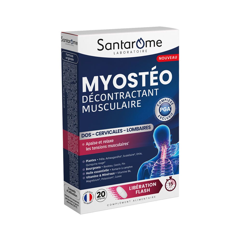 Schachtel mit Santarome Myostéo. Blaue und weiße Verpackung. Enthält 20 Tabletten. Text: Myostéo, Décontractant Musculaire.