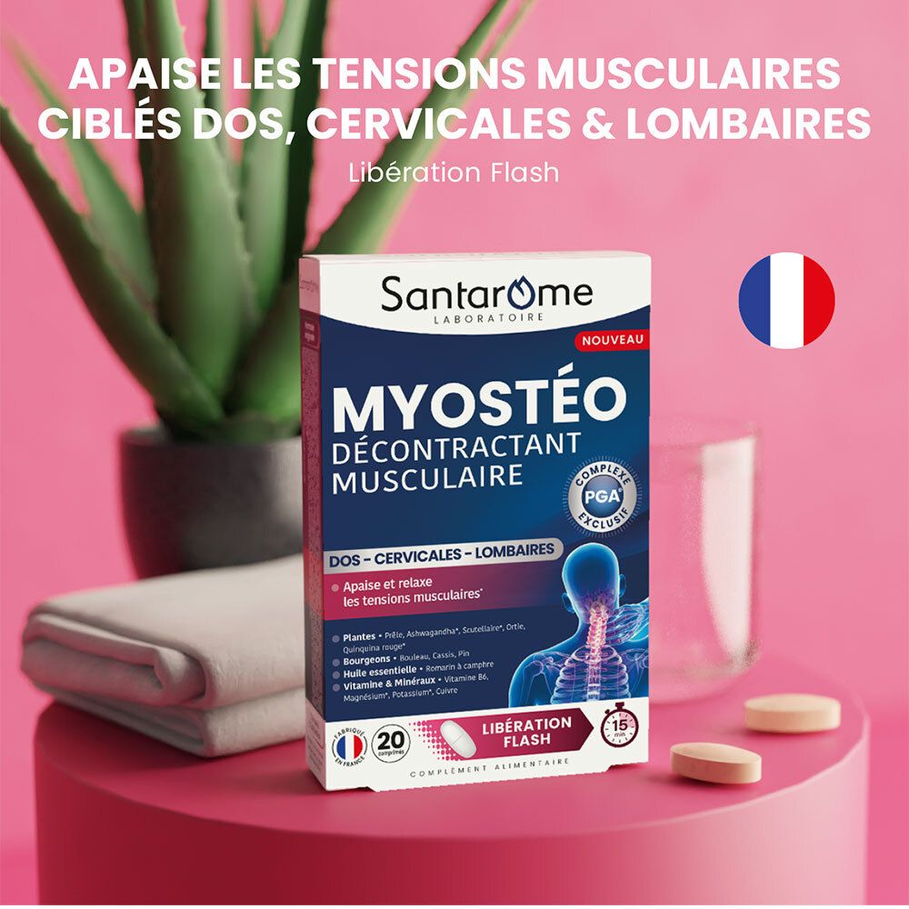 Santarome Myostéo-Schachtel, rosa Hintergrund. Enthält 20 Tabletten. Text: Myostéo, Décontractant Musculaire. Französische Flagge.