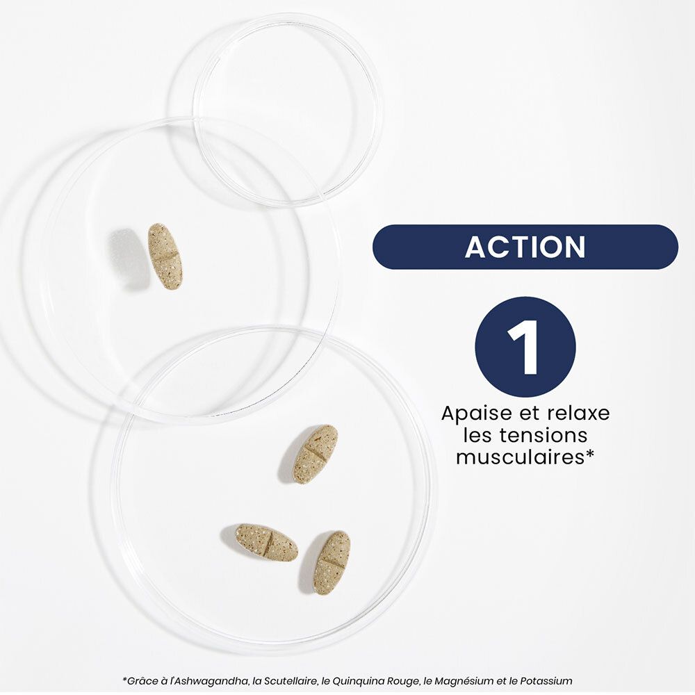 Tabletten auf Glasplatten. Vier Tabletten sichtbar. Text: Action 1, Apaise et relaxe les tensions musculaires.
