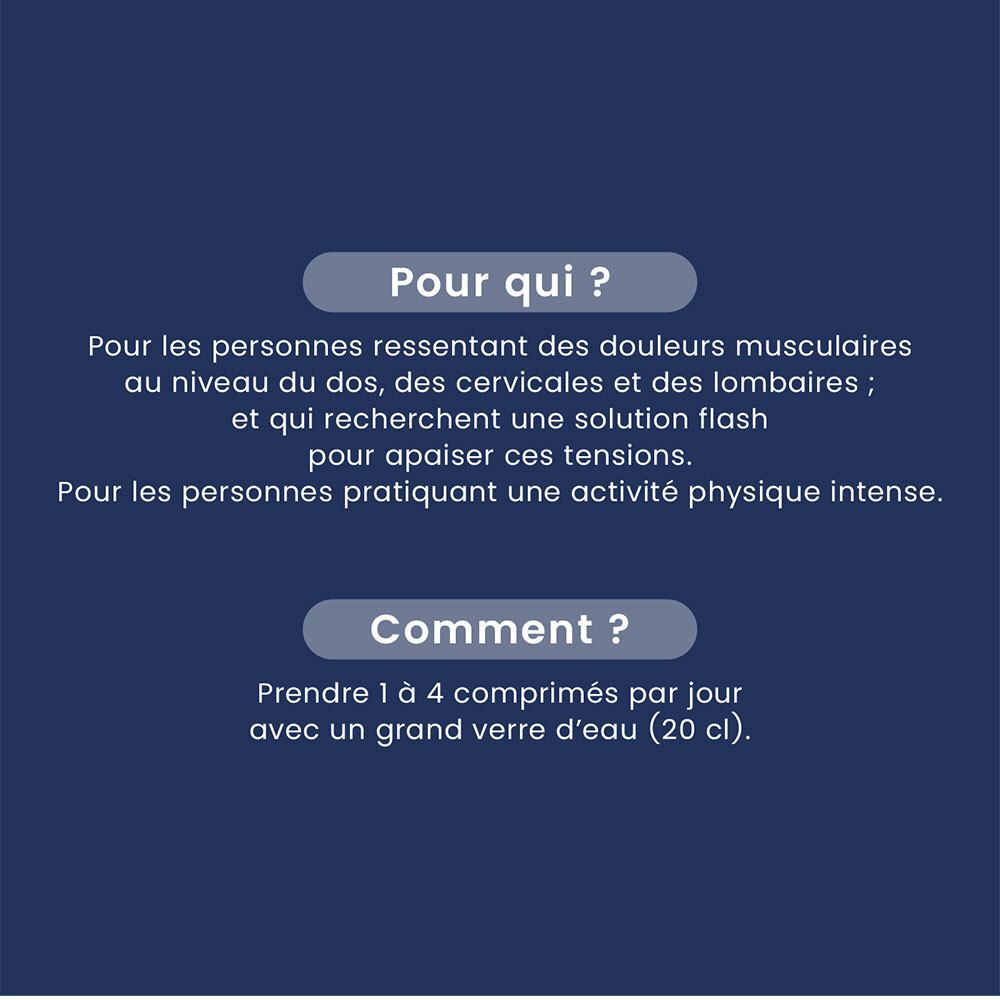 Text auf blauem Hintergrund. Text: Pour qui? Pour les personnes... Comment? Prendre 1 à 4 comprimés... (20 cl).
