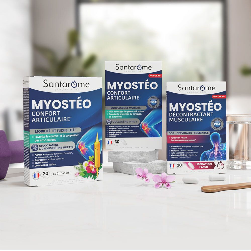 Drei Santarome-Schachteln. Text: Myostéo, Confort Articulaire, Décontractant Musculaire. 20 und 30 Tabletten.