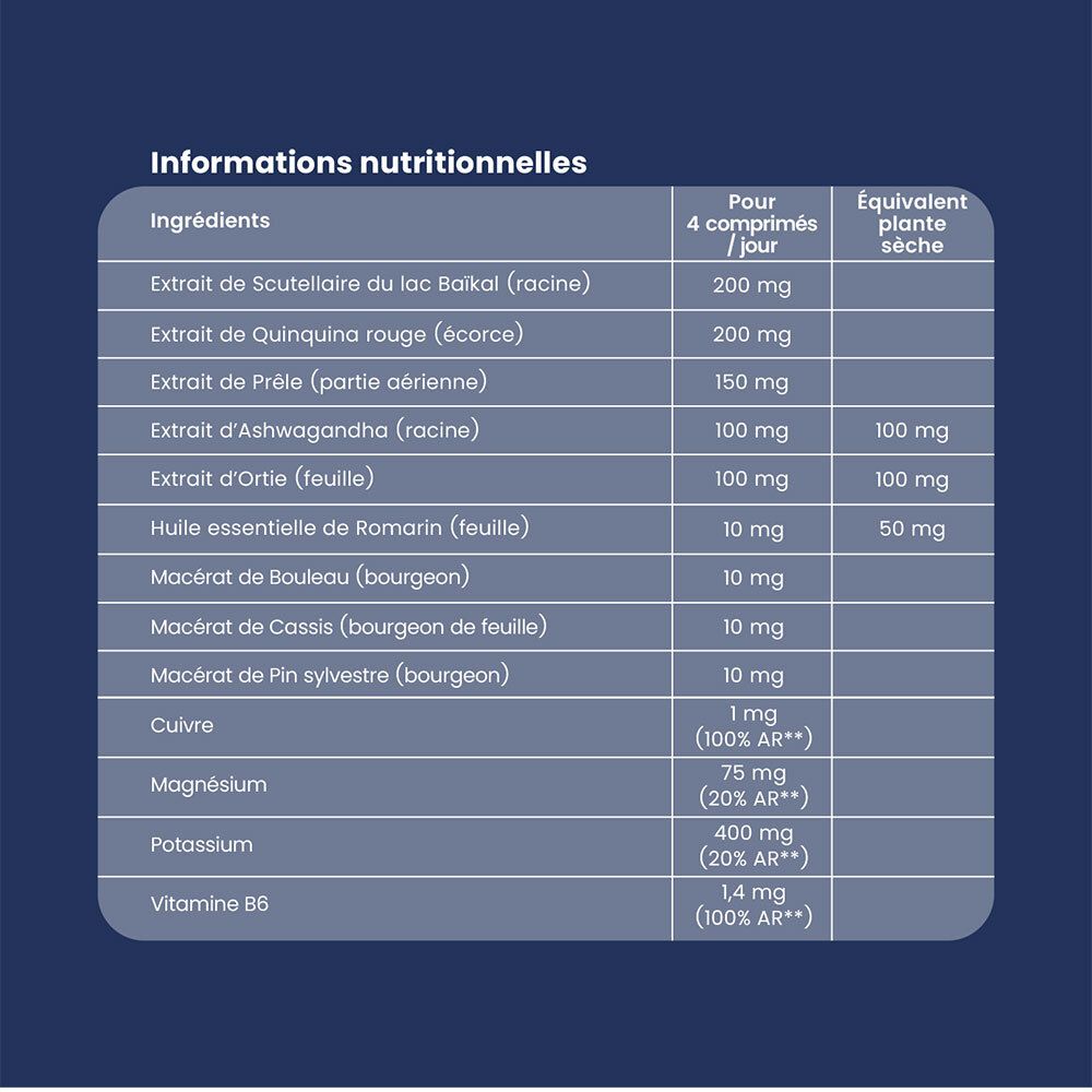 Nährwertangaben. Text: Inhaltsstoffe, Pour 4 comprimés/jour, Équivalent plante sèche. Vitamine B6, Magnesium, Kalium.