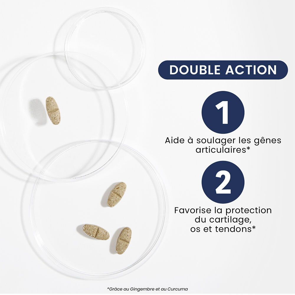 Comprimés dans des boîtes de Pétri. Texte : DOUBLE ACTION. 1. Soulage les gênes articulaires. 2. Protège cartilage, os et tendons.