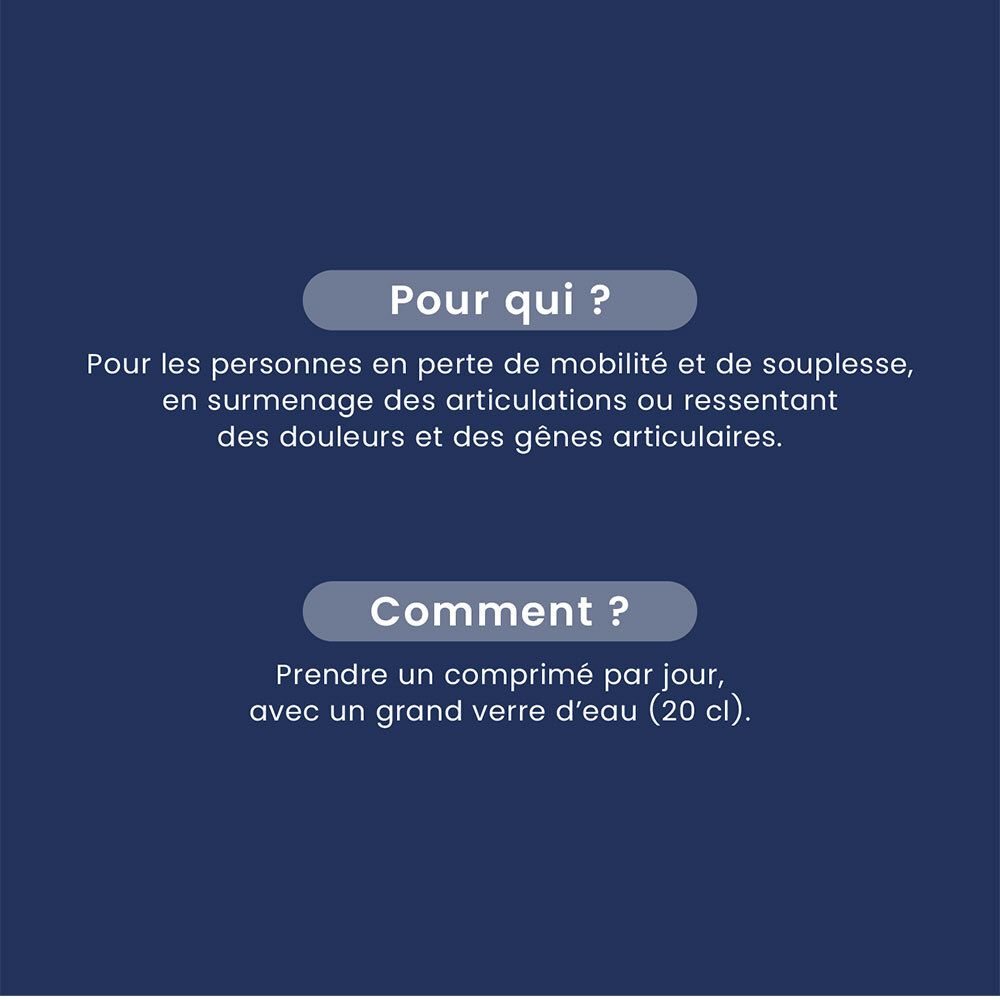 Texte sur fond bleu : Pour qui ? Pour les personnes à mobilité réduite. Comment ? Un comprimé par jour avec un verre d'eau (20 cl).