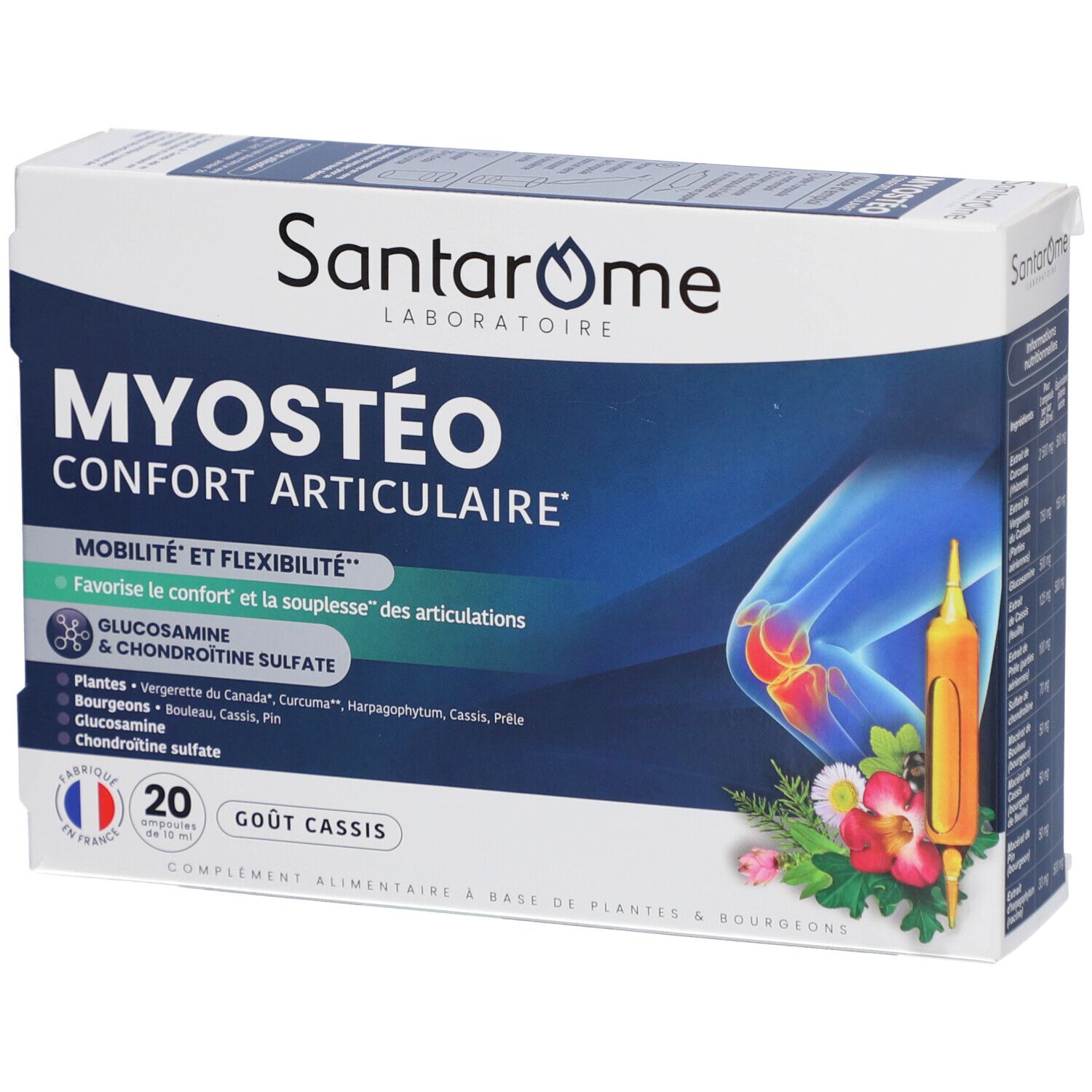 Schachtel mit Santarome Myostéo. Aufschrift: MYOSTÉO CONFORT ARTICULAIRE. Enthält 20 Ampullen. Abbildung eines Gelenks.