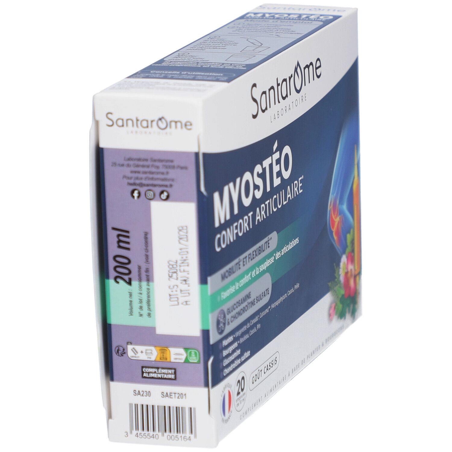 Santarome Myostéo-Schachtel, Seitenansicht. Aufschrift: MYOSTÉO CONFORT ARTICULAIRE. Enthält 200 ml. Details zu Inhaltsstoffen und Chargennummer.