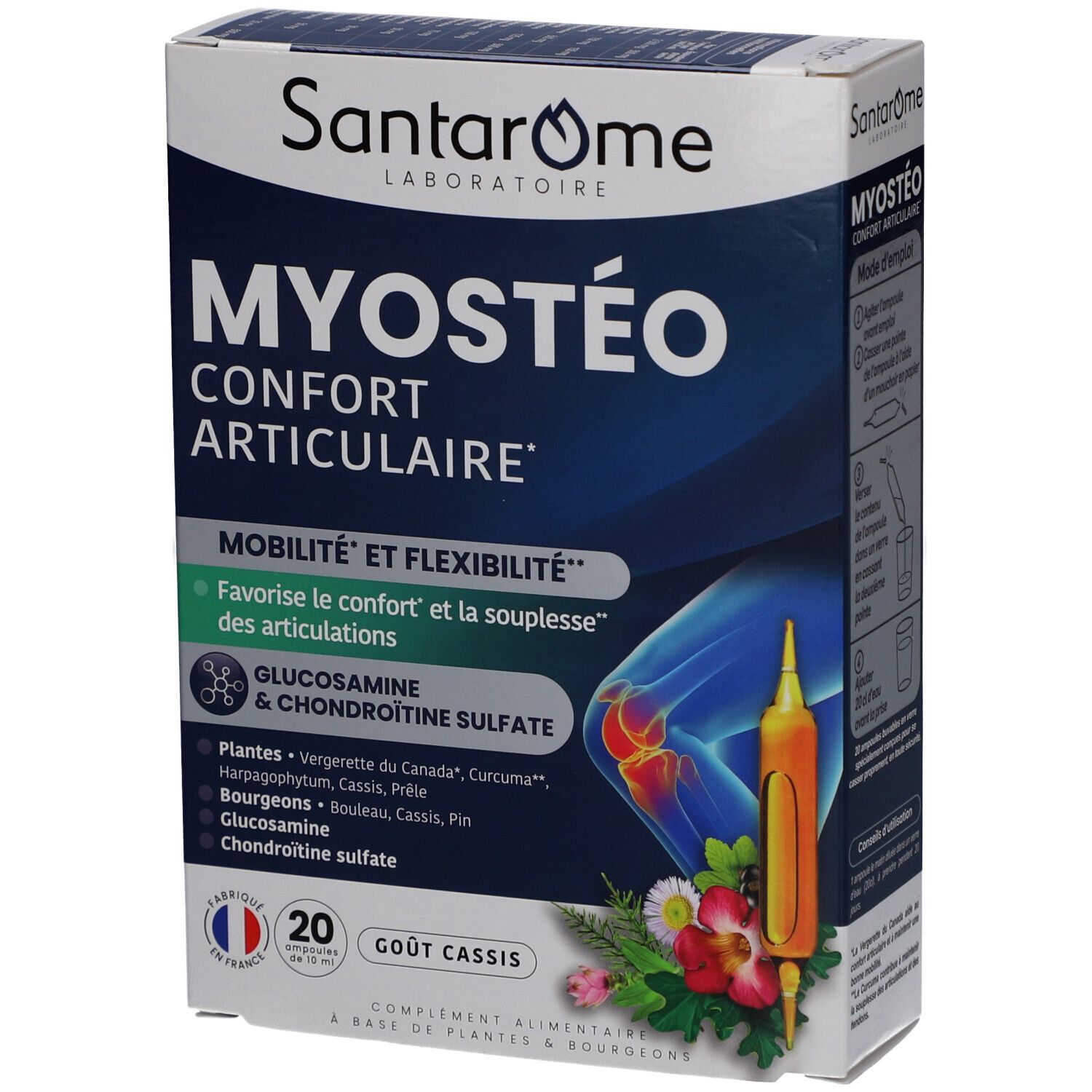 Santarome Myostéo-Schachtel. Aufschrift: MYOSTÉO CONFORT ARTICULAIRE. Enthält 20 Ampullen. Abbildung eines Gelenks. Produktinformationen.
