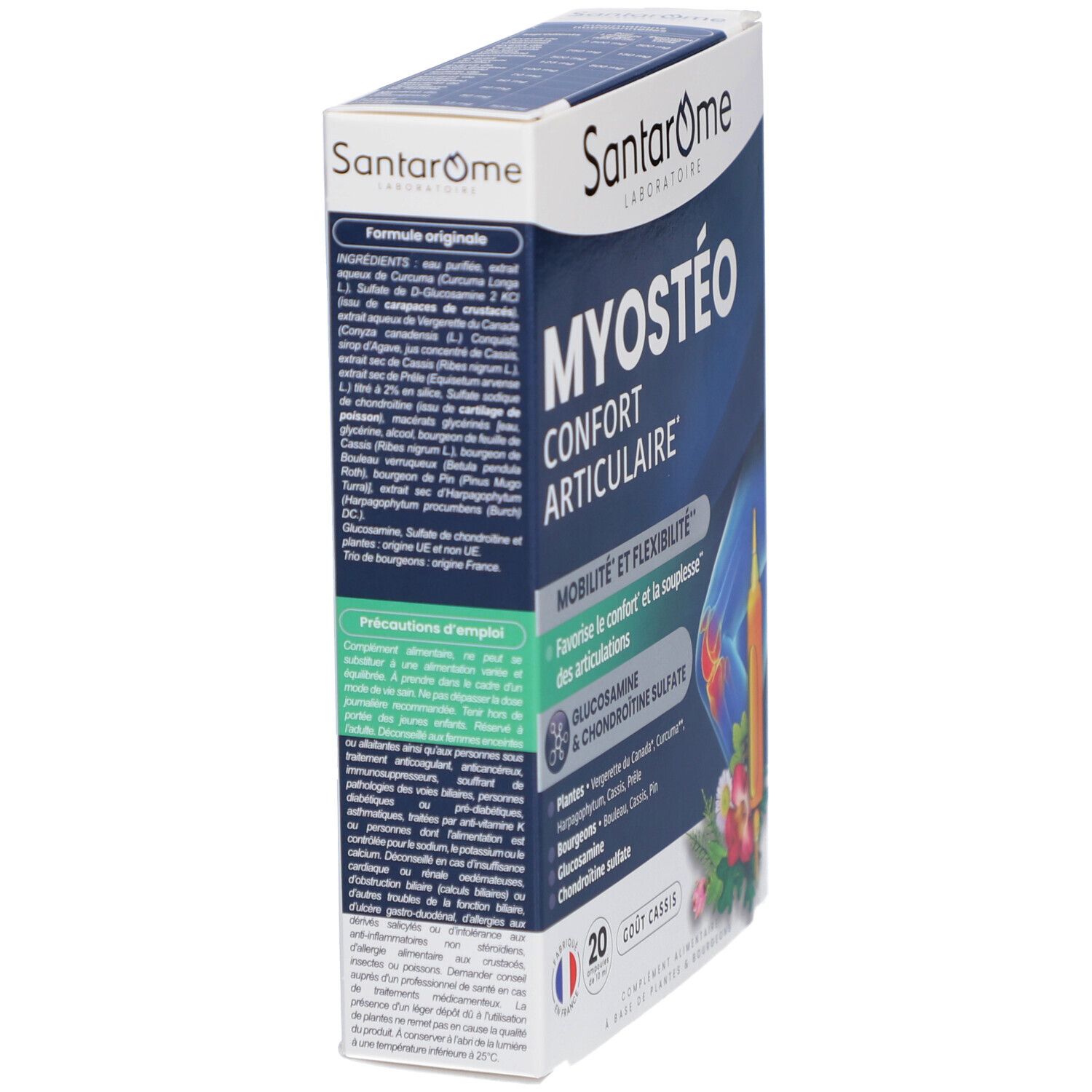 Santarome Myostéo-Schachtel, Seitenansicht. Aufschrift: MYOSTÉO CONFORT ARTICULAIRE. Inhaltsstoffe und Anwendungshinweise.