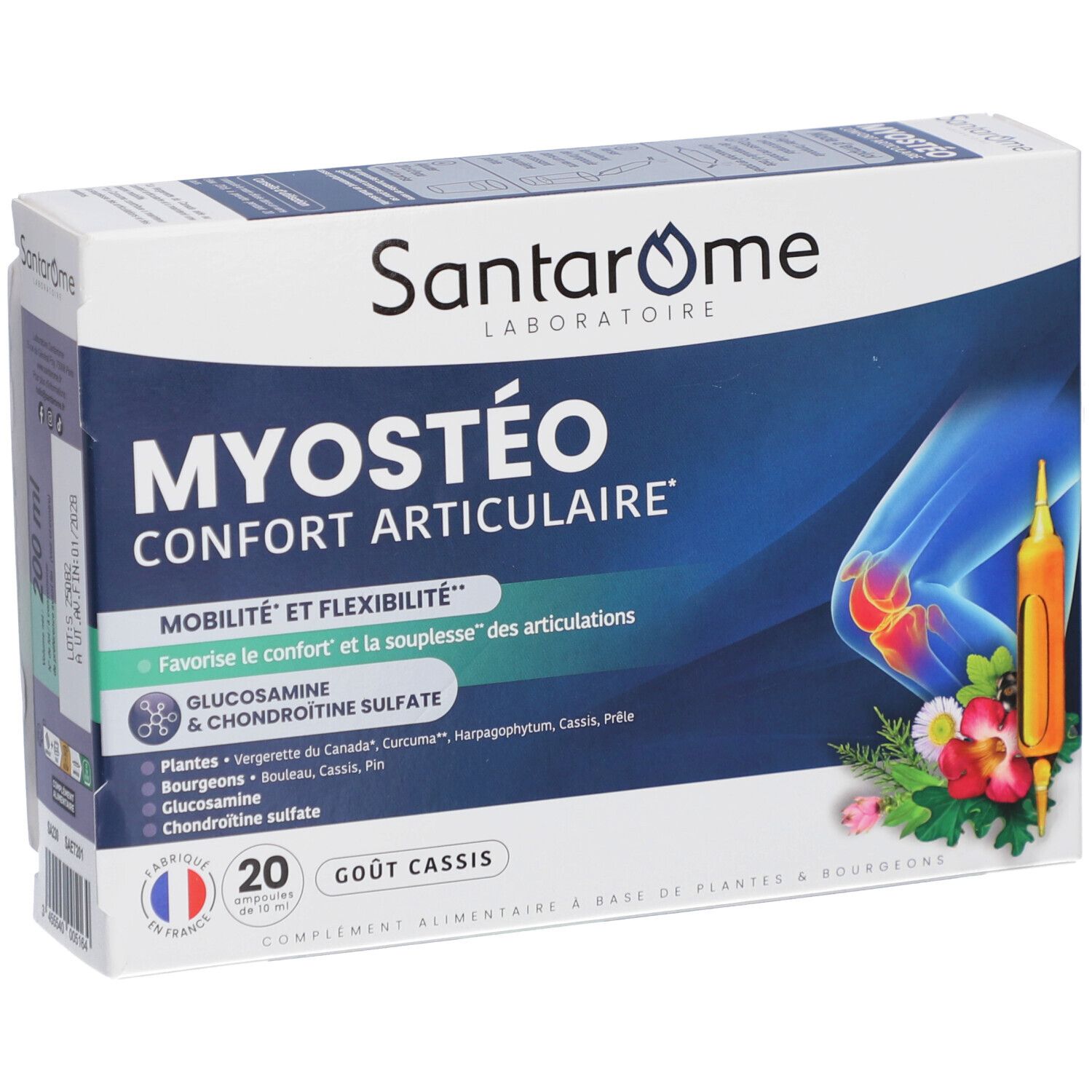 Santarome Myostéo-Schachtel. Aufschrift: MYOSTÉO CONFORT ARTICULAIRE. Enthält 20 Ampullen. Abbildung eines Gelenks. Produktverpackung.