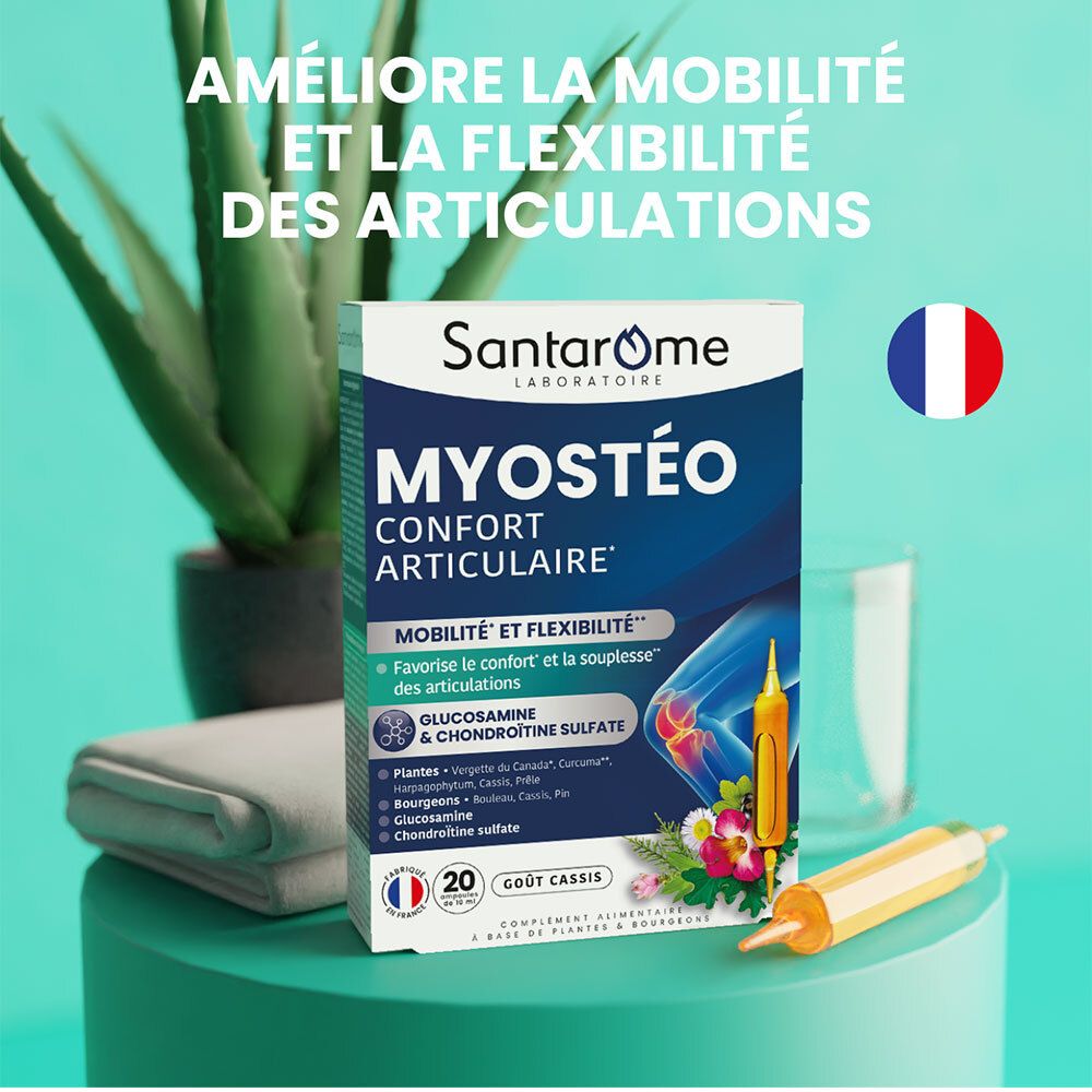 Emballage Santarome Myostéo. Inscription : Mobilité et flexibilité. Drapeau français. Fond : plante, verre.