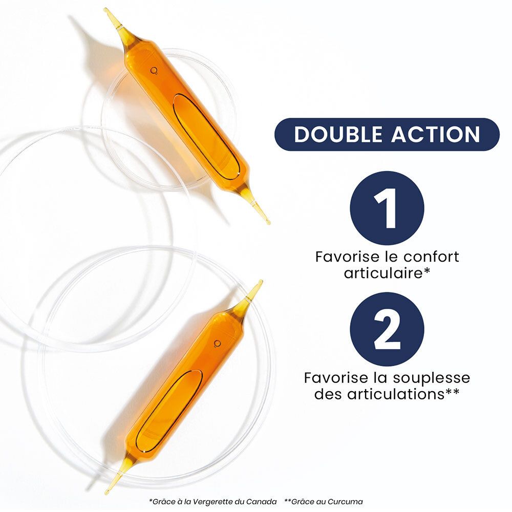 Deux ampoules jaunes. Texte : Double action. Favorise le confort et la souplesse. Sur fond blanc.