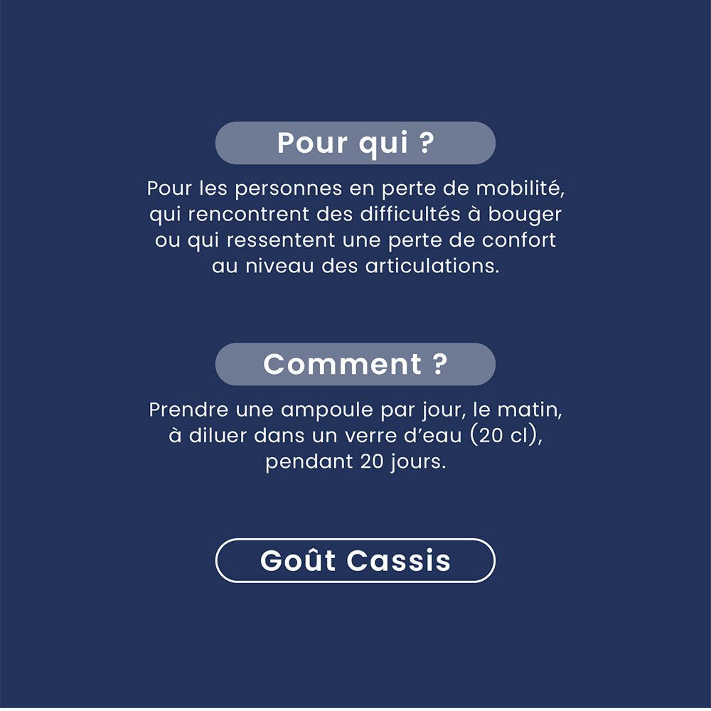 Texte sur fond bleu. Question : Pour qui ? Réponse : Personnes à mobilité réduite. Goût : Cassis.