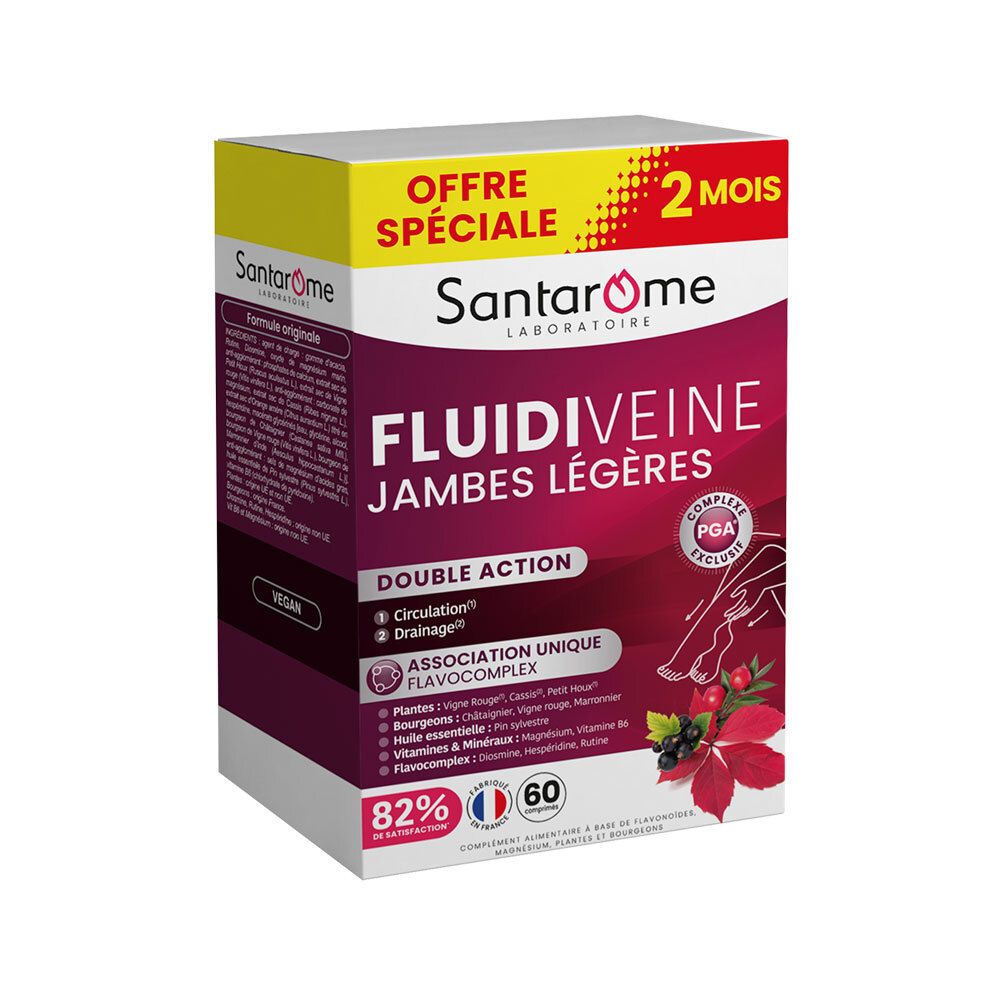 Schachtel Santarome Fluidiveine. Doppelwirkung: Kreislauf und Drainage. Enthält FlavoComplex. Vegan. 60 Tabletten.