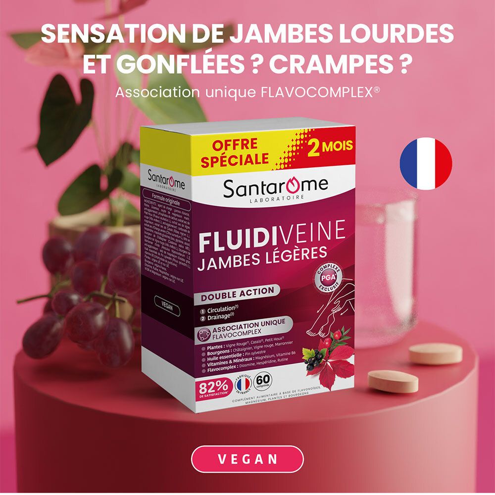 Produktverpackung von Santarome Fluidiveine. Französische Flagge. Vegan. 60 Tabletten. Auf rotem Untergrund.