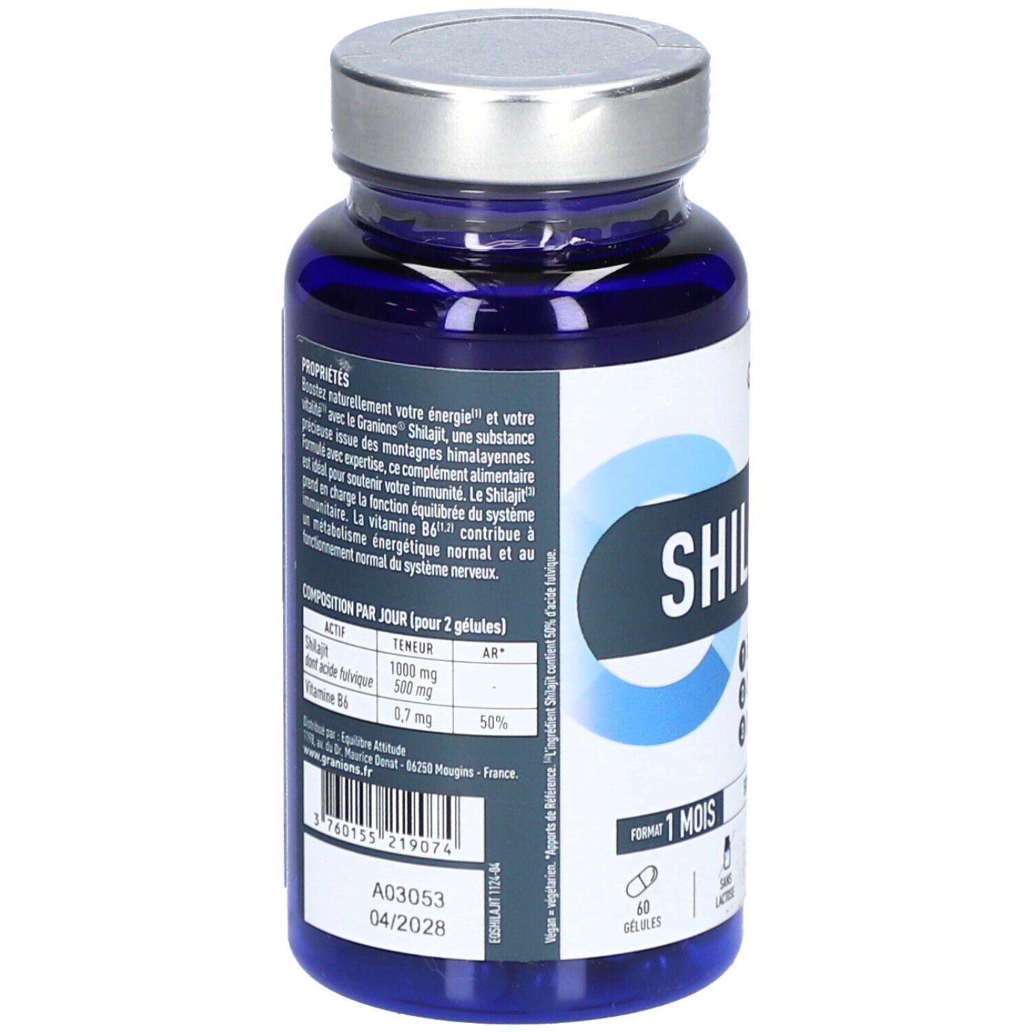 Rückseite der blauen Flasche mit Shilajit-Kapseln. Text über Eigenschaften und Zusammensetzung. 60 Kapseln, 1 Monat.