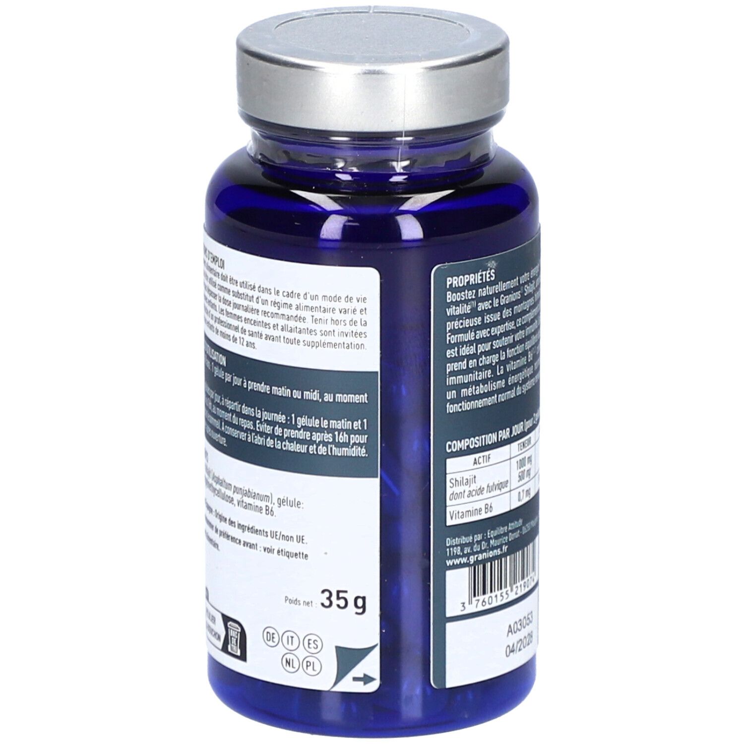 Rückseite der blauen Flasche mit Shilajit-Kapseln. Text über Anwendung und Inhaltsstoffe. Gewicht: 35g.