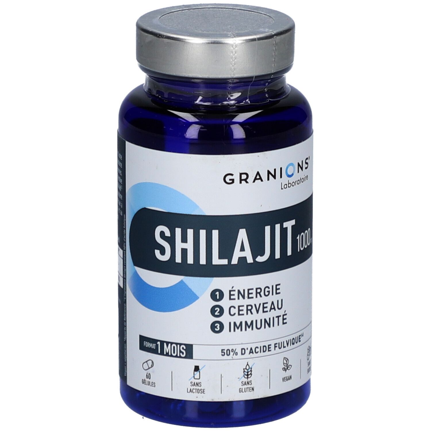 Blaue Flasche mit Shilajit-Kapseln. Aufschrift: GRANIONS, Shilajit 1000, Energie, Gehirn, Immunität. 60 Kapseln, 1 Monat.