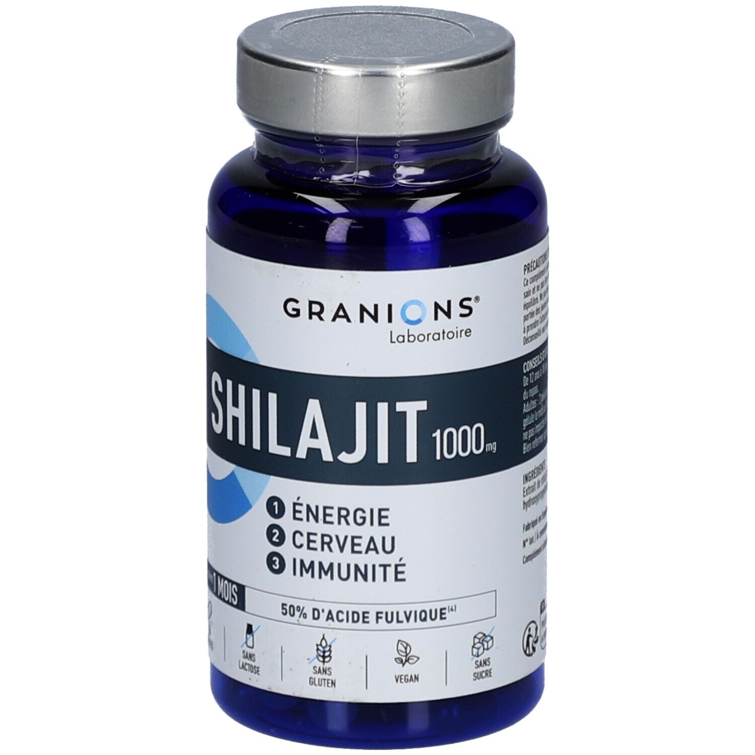 Blaue Flasche mit Shilajit-Kapseln. Aufschrift: GRANIONS, Shilajit 1000, Energie, Gehirn, Immunität. 60 Kapseln, 1 Monat.
