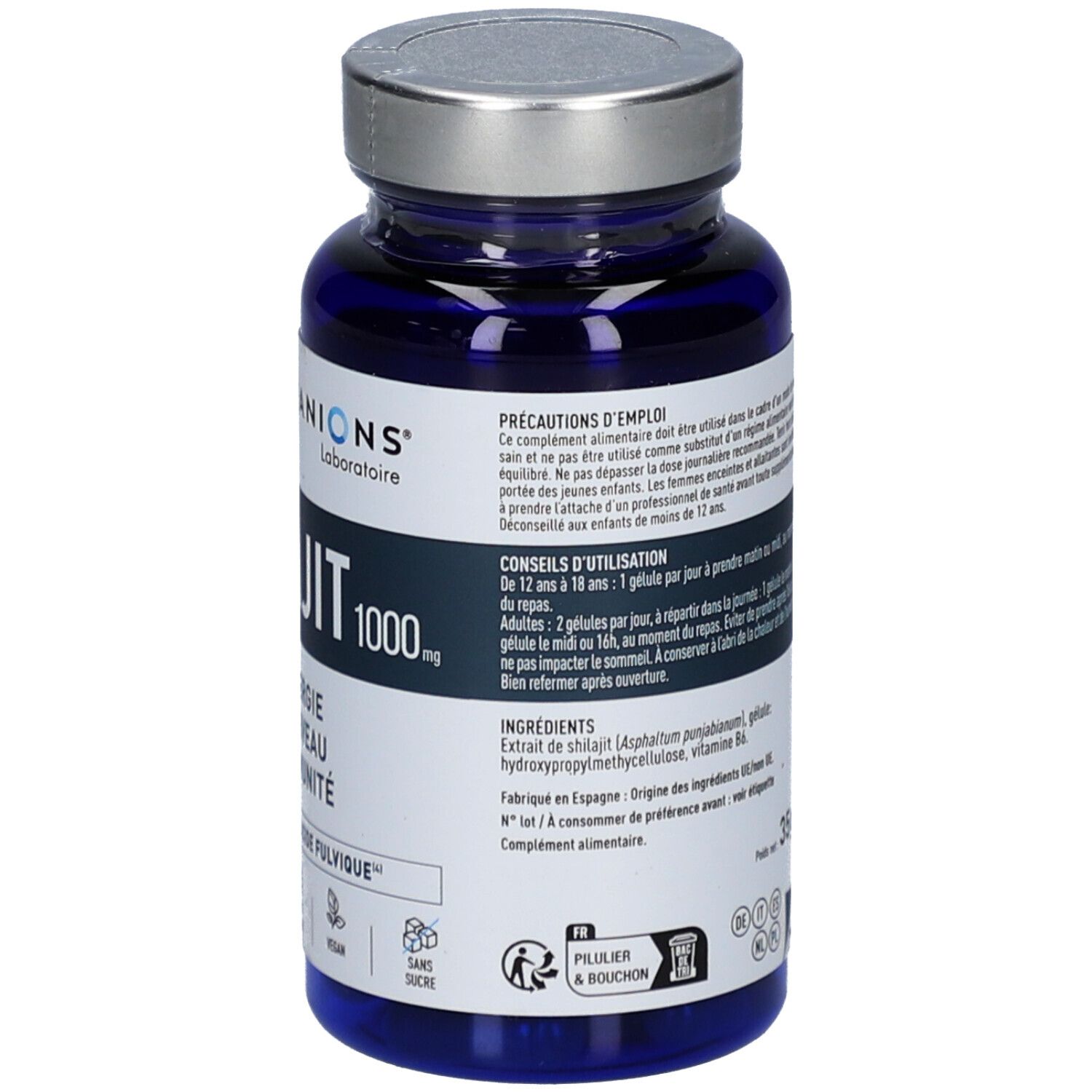 Blaue Flasche mit Shilajit-Kapseln. Aufschrift: GRANIONS, Shilajit 1000, Energie, Gehirn, Immunität. 60 Kapseln, 1 Monat.