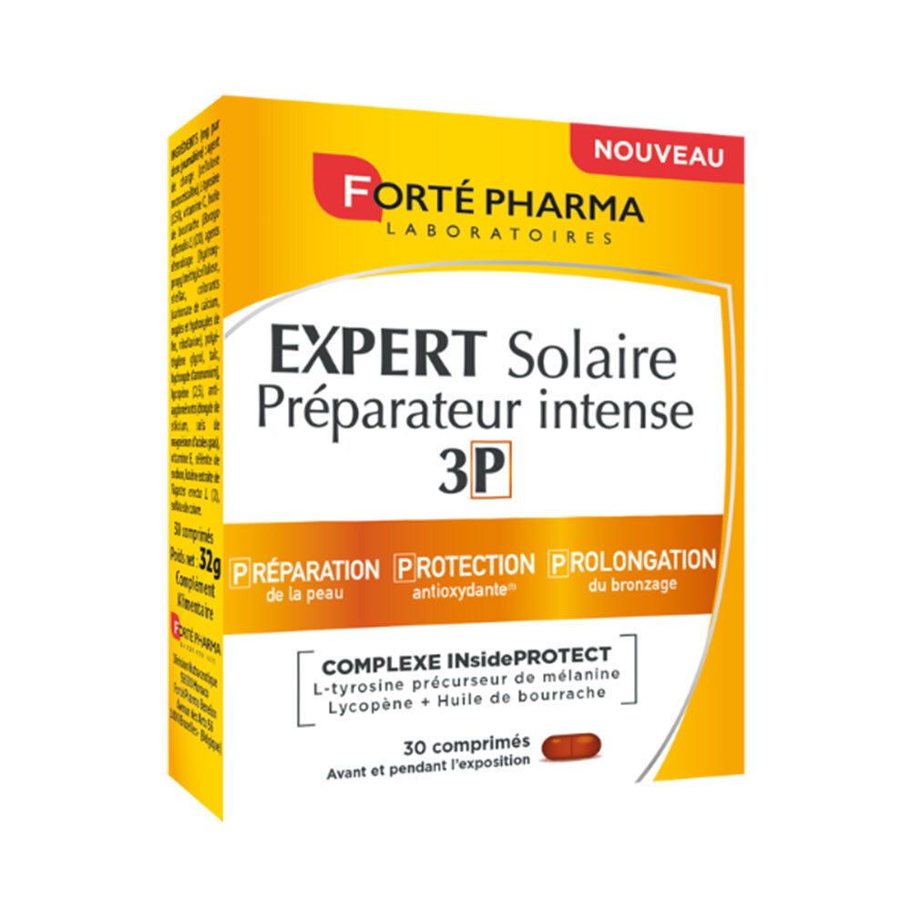 Boîte jaune "Forté Pharma Expert Solaire Préparateur intense 3P". Contient 30 comprimés. Ingrédients et texte.