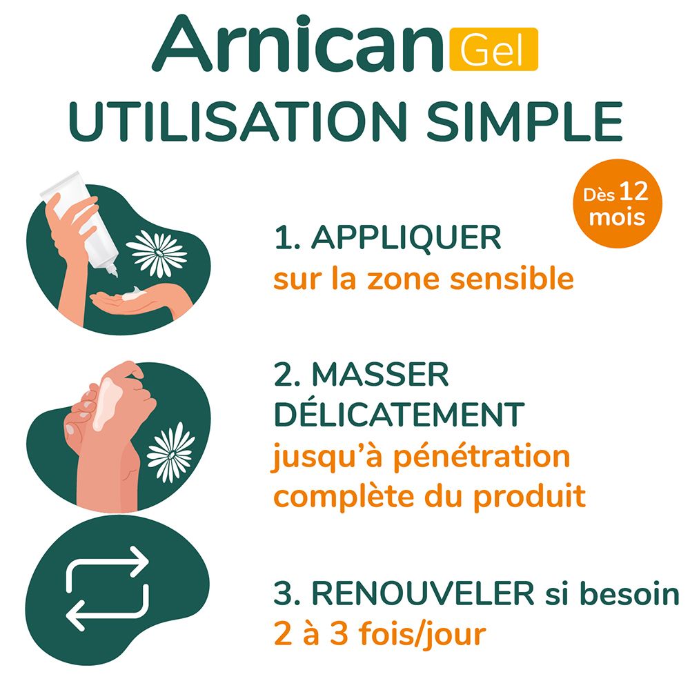 Mode d'emploi d'Arnica Gel. 1. Appliquer sur la zone sensible. 2. Masser délicatement. 3. Renouveler si besoin.