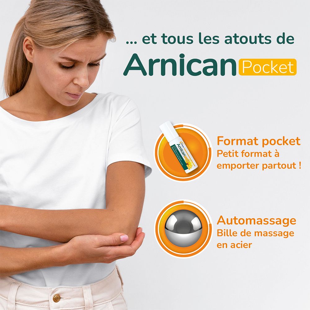 Femme avec bras. Arnican Pocket. Format pocket. Automassage. Bille de massage en acier.