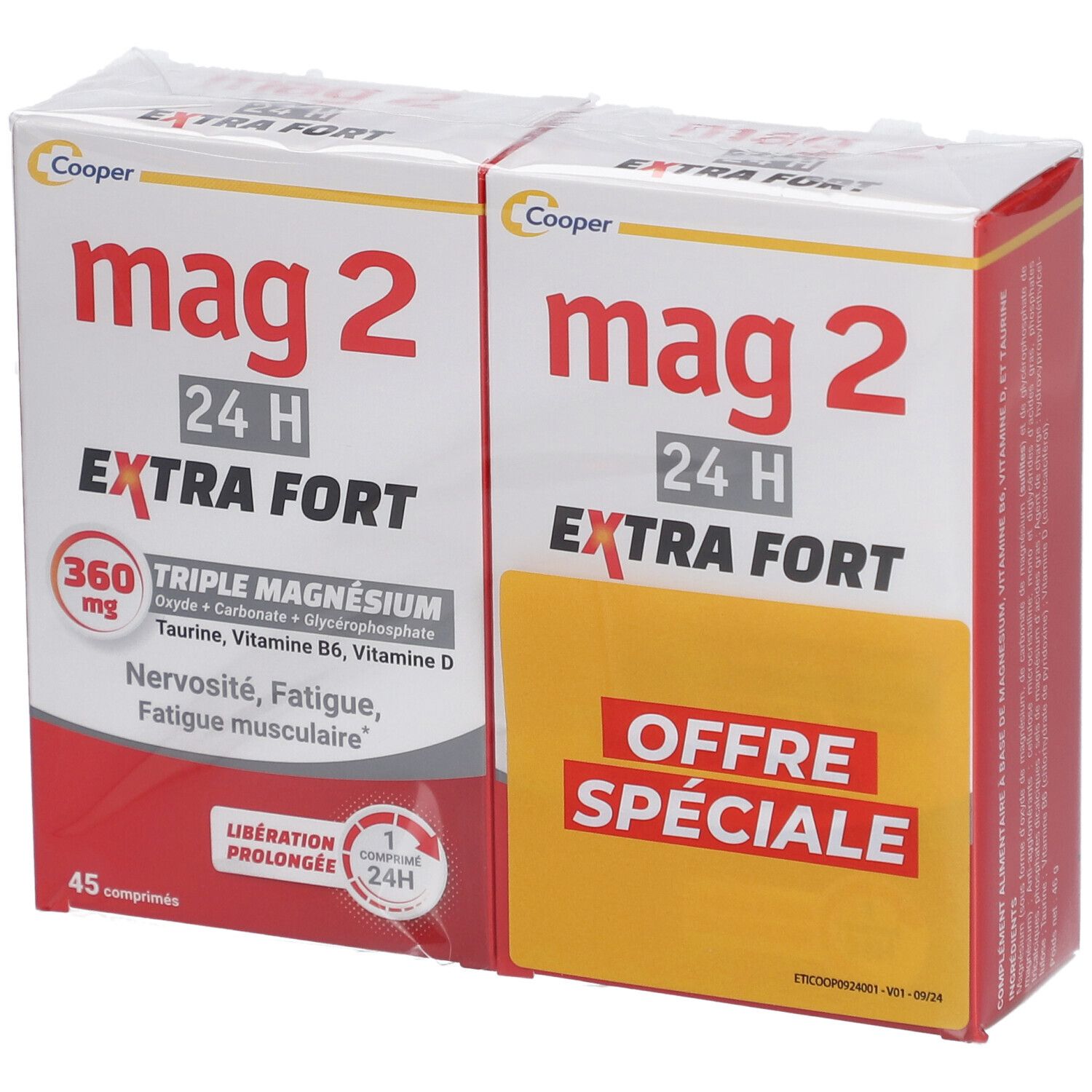 Deux boîtes MAG 2, rouge et jaune. Inscription: EXTRA FORT, 360 mg Triple Magnésium. Offre spéciale.