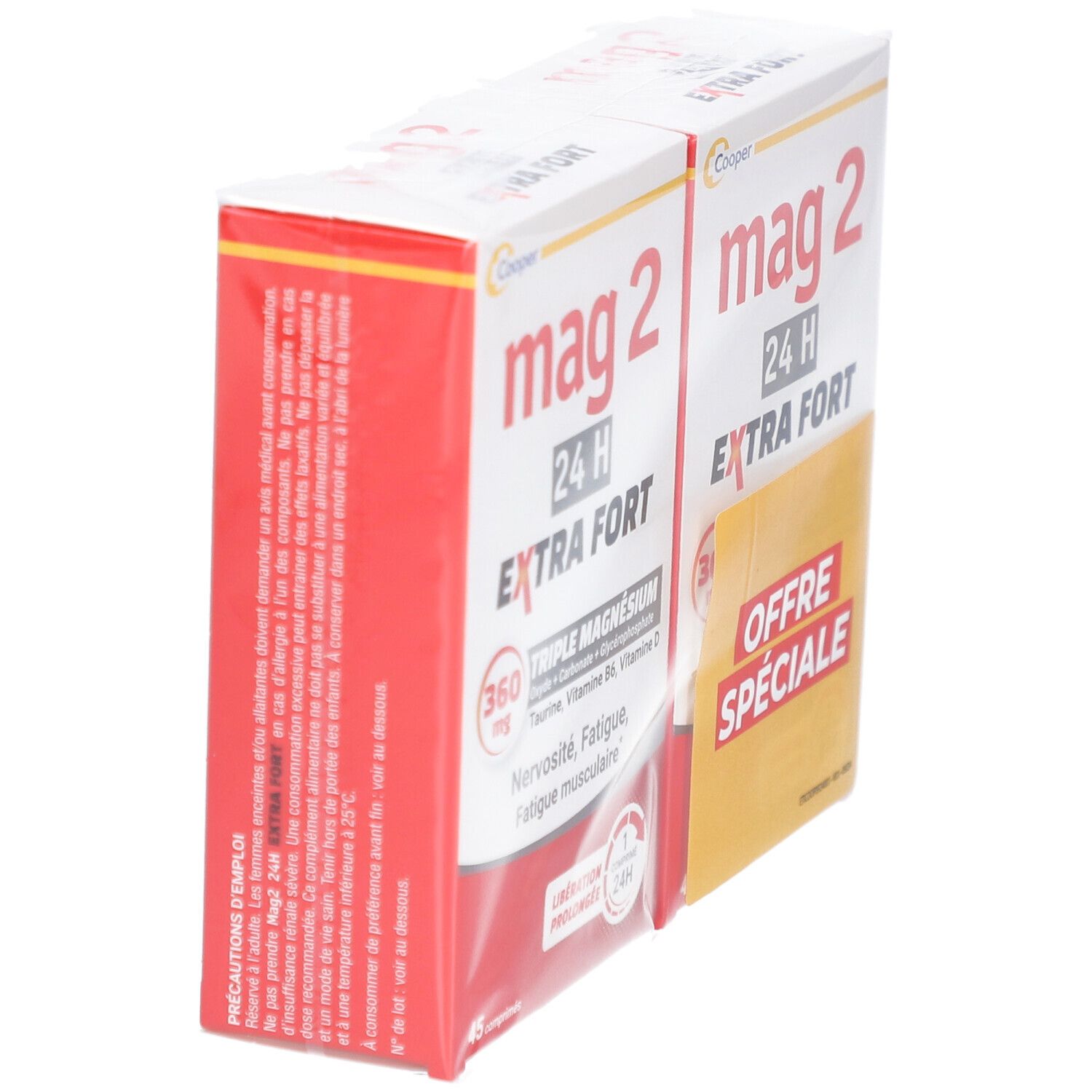 Deux boîtes MAG 2, rouge et jaune, en biais. Inscription: EXTRA FORT, 360 mg Triple Magnésium.