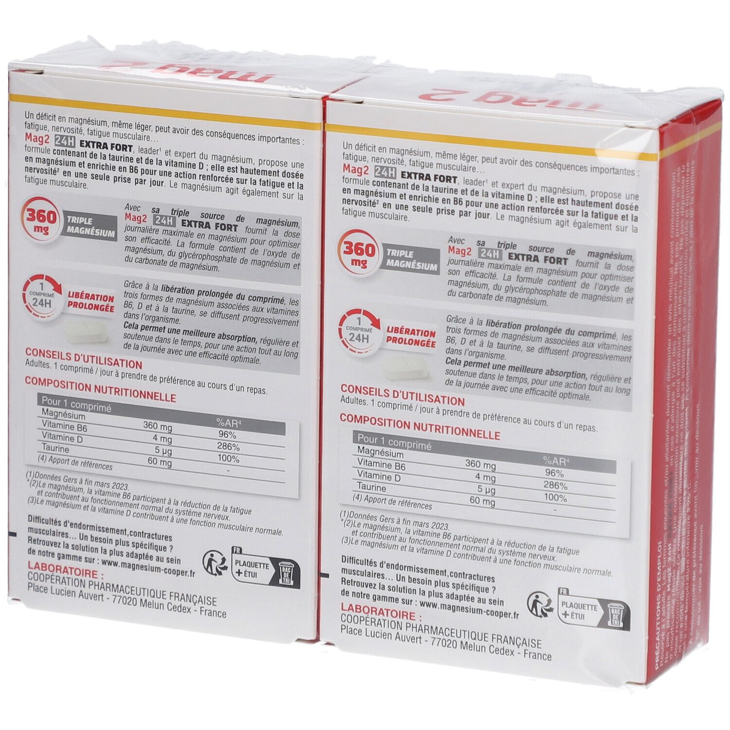 Deux boîtes MAG 2, dos. Texte: Composition, conseils d'utilisation. 360 mg Triple Magnésium.