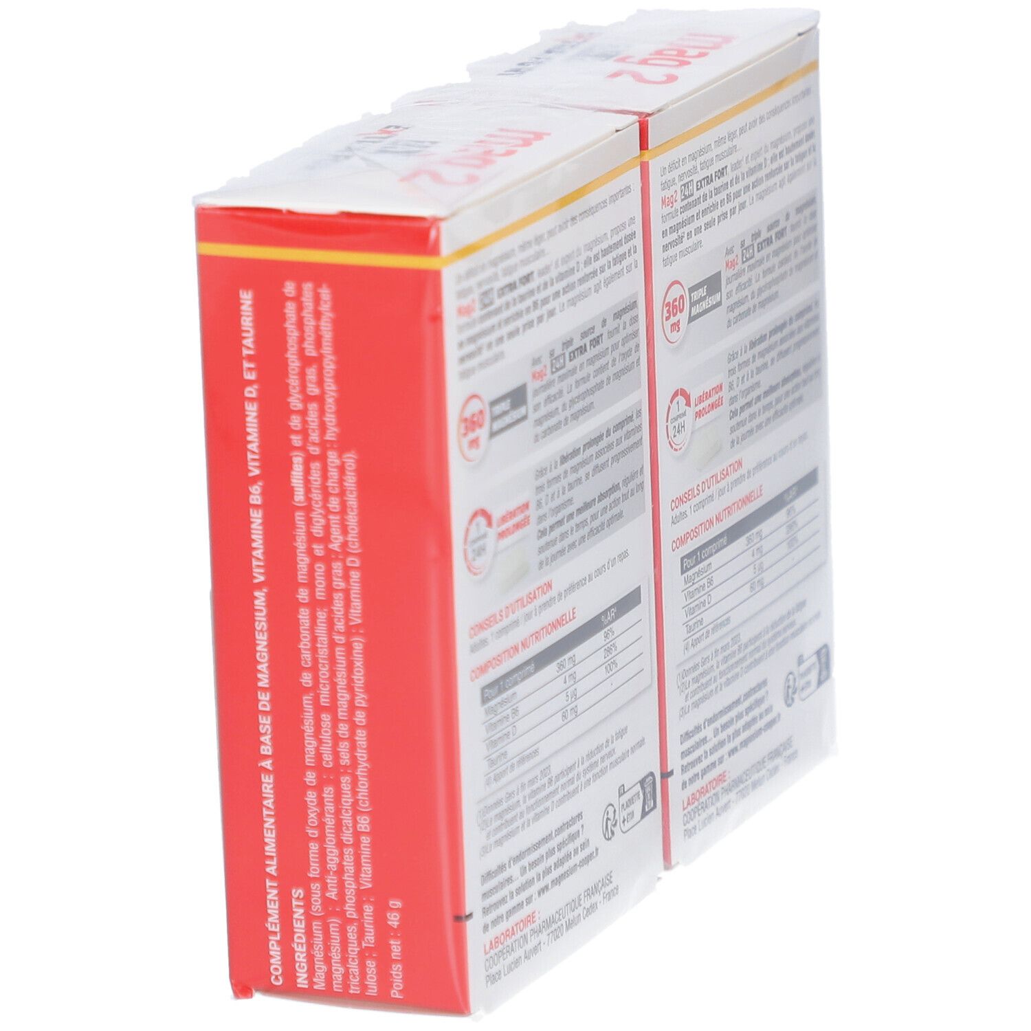 Deux boîtes MAG 2, vue latérale. Texte: Ingrédients, informations nutritionnelles. 360 mg Triple Magnésium.