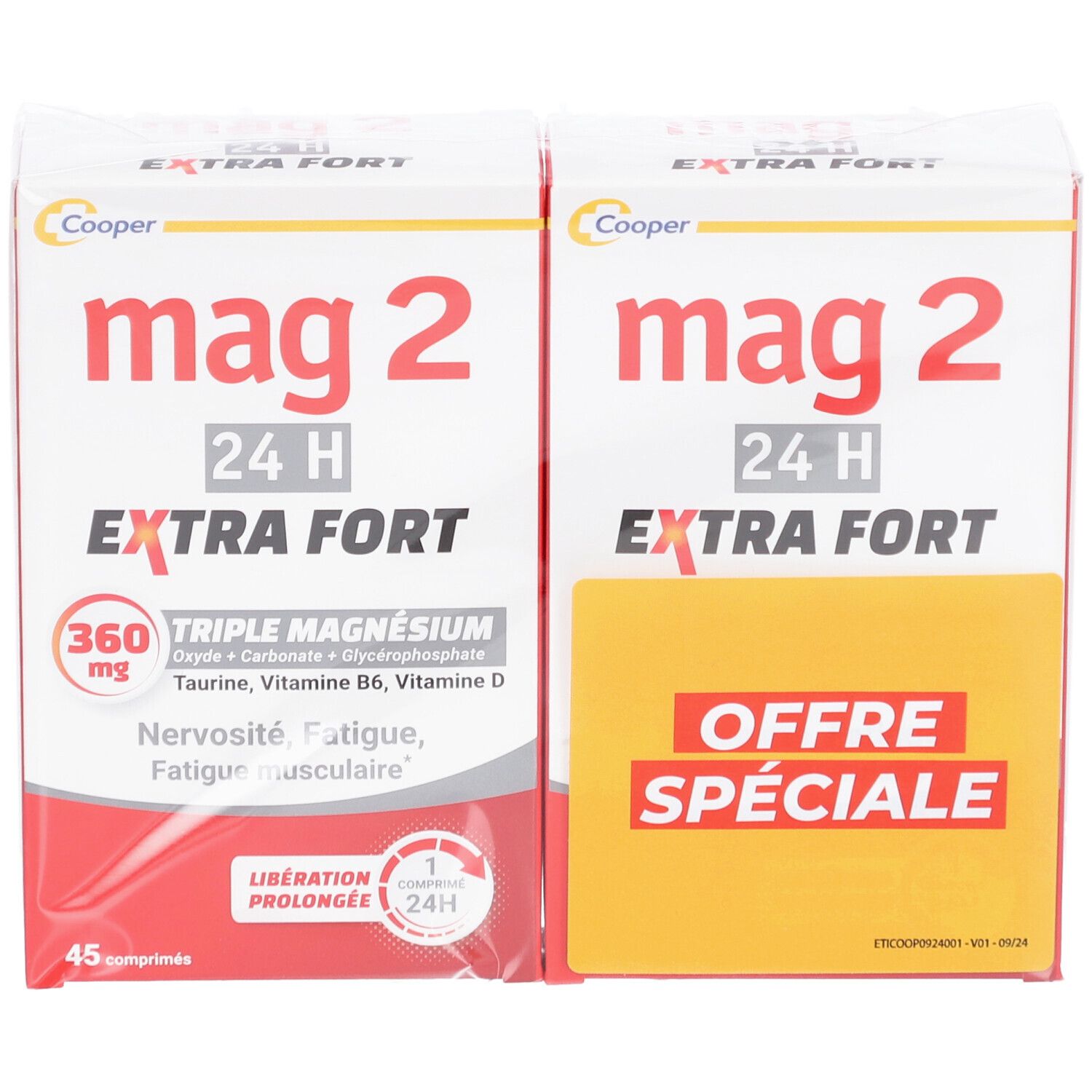 Deux boîtes MAG 2, rouge et jaune. Inscription: EXTRA FORT, 360 mg Triple Magnésium. Offre spéciale.