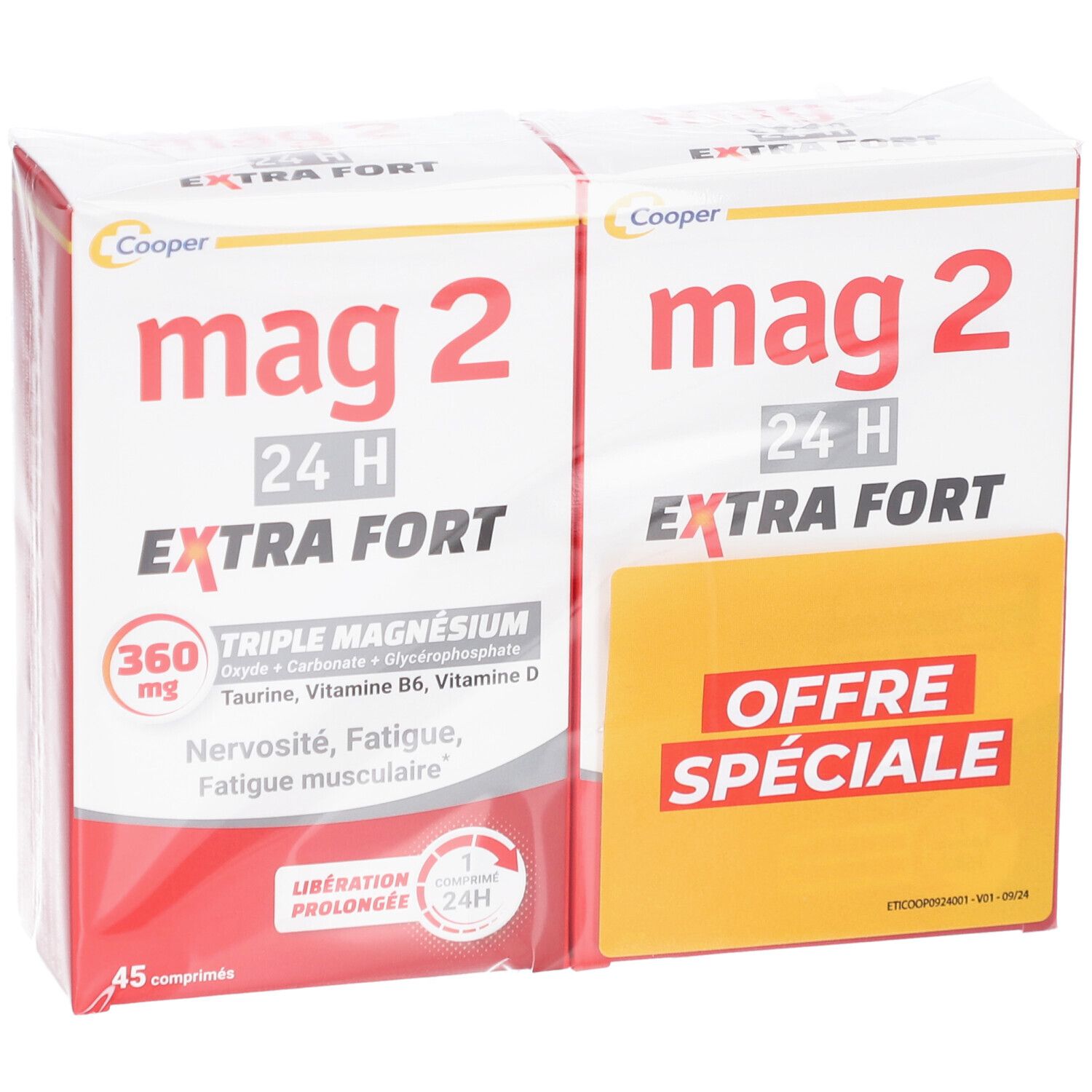 Deux boîtes MAG 2, rouge et jaune. Inscription: EXTRA FORT, 360 mg Triple Magnésium. Offre spéciale.