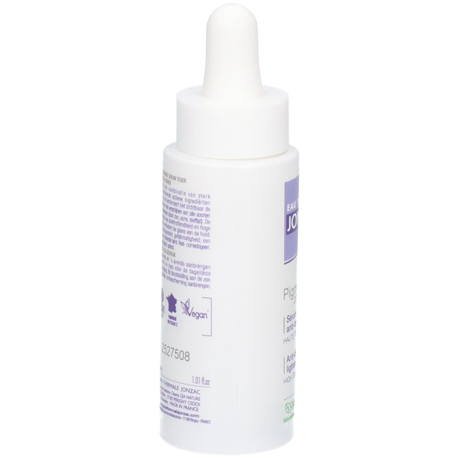 Weiße Flasche mit Pipette. Aufschrift: JONZAC, Pigment Control Serum. Vegan-Logo. Text in mehreren Sprachen.