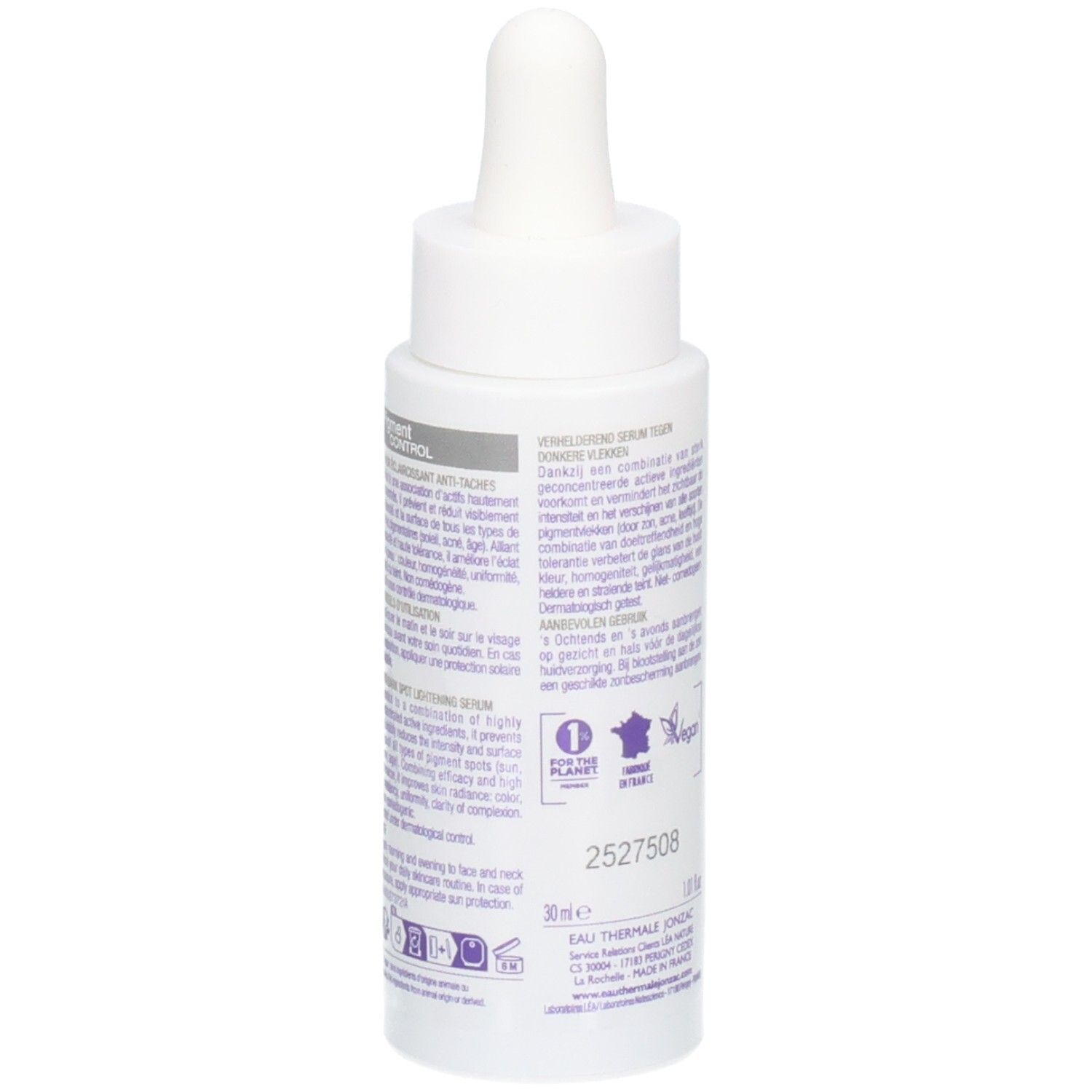 Weiße Flasche mit Pipette. Aufschrift: JONZAC, Pigment Control Serum. Text in mehreren Sprachen. 30 ml.