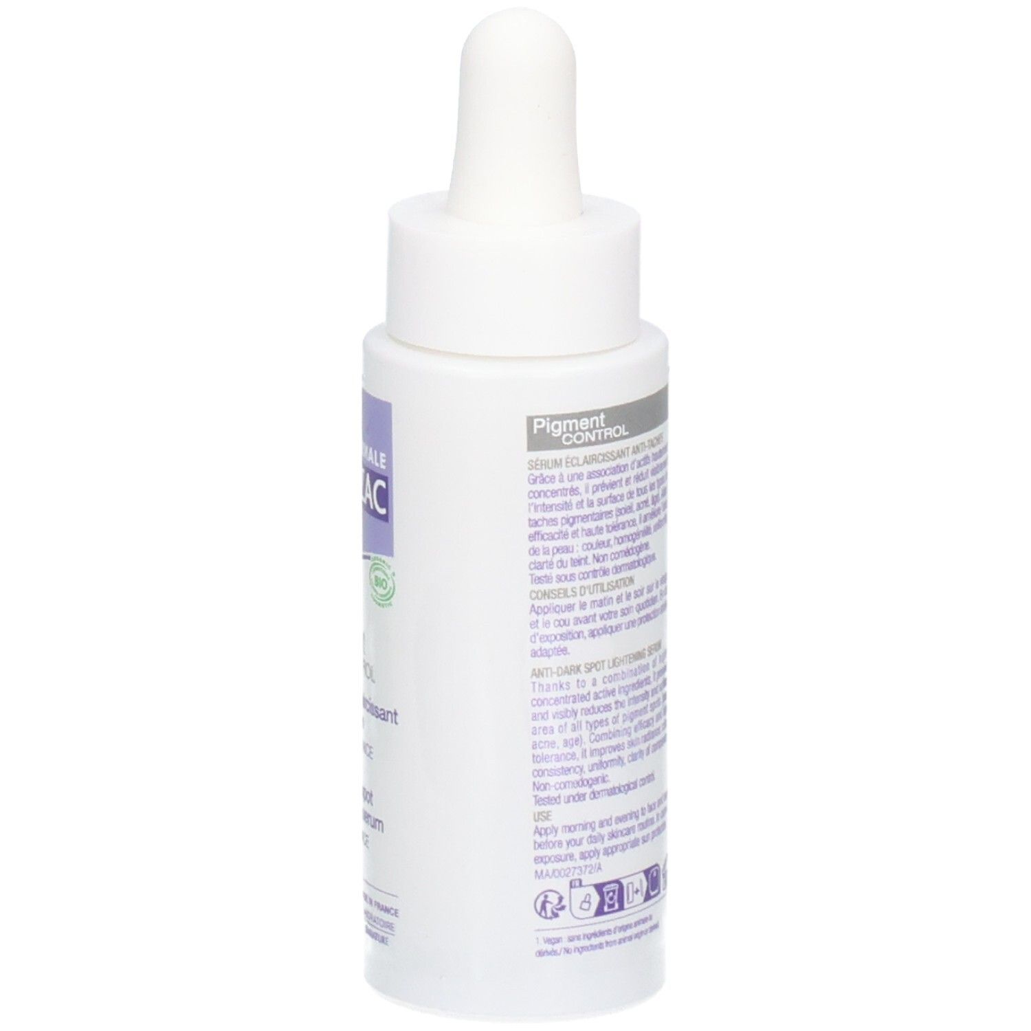 Weiße Flasche mit Pipette. Aufschrift: JONZAC, Pigment Control Serum. Text in mehreren Sprachen.