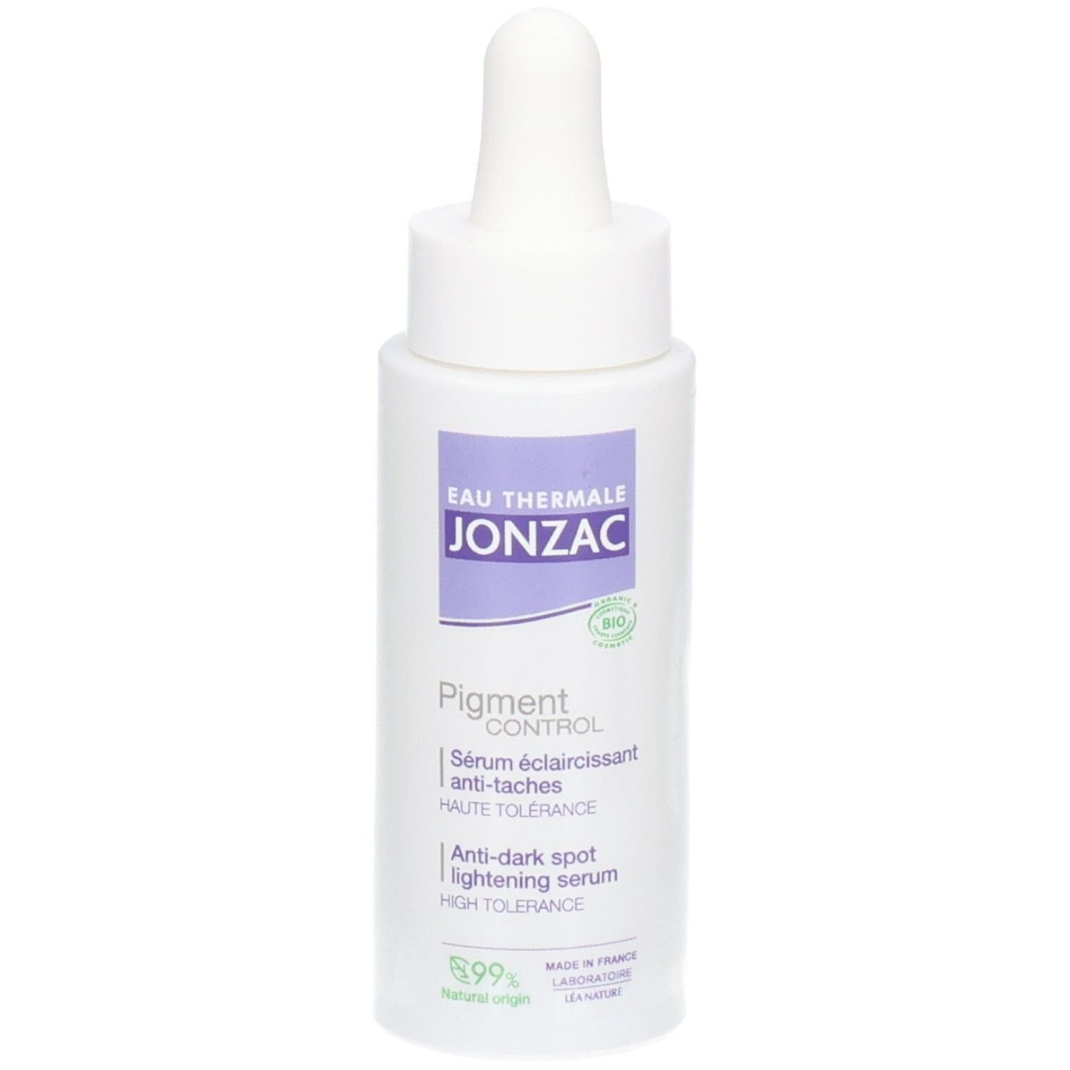 Weiße Flasche mit Pipette. Aufschrift: JONZAC, Pigment Control Serum. Bio-Logo. 99% natürliche Inhaltsstoffe.
