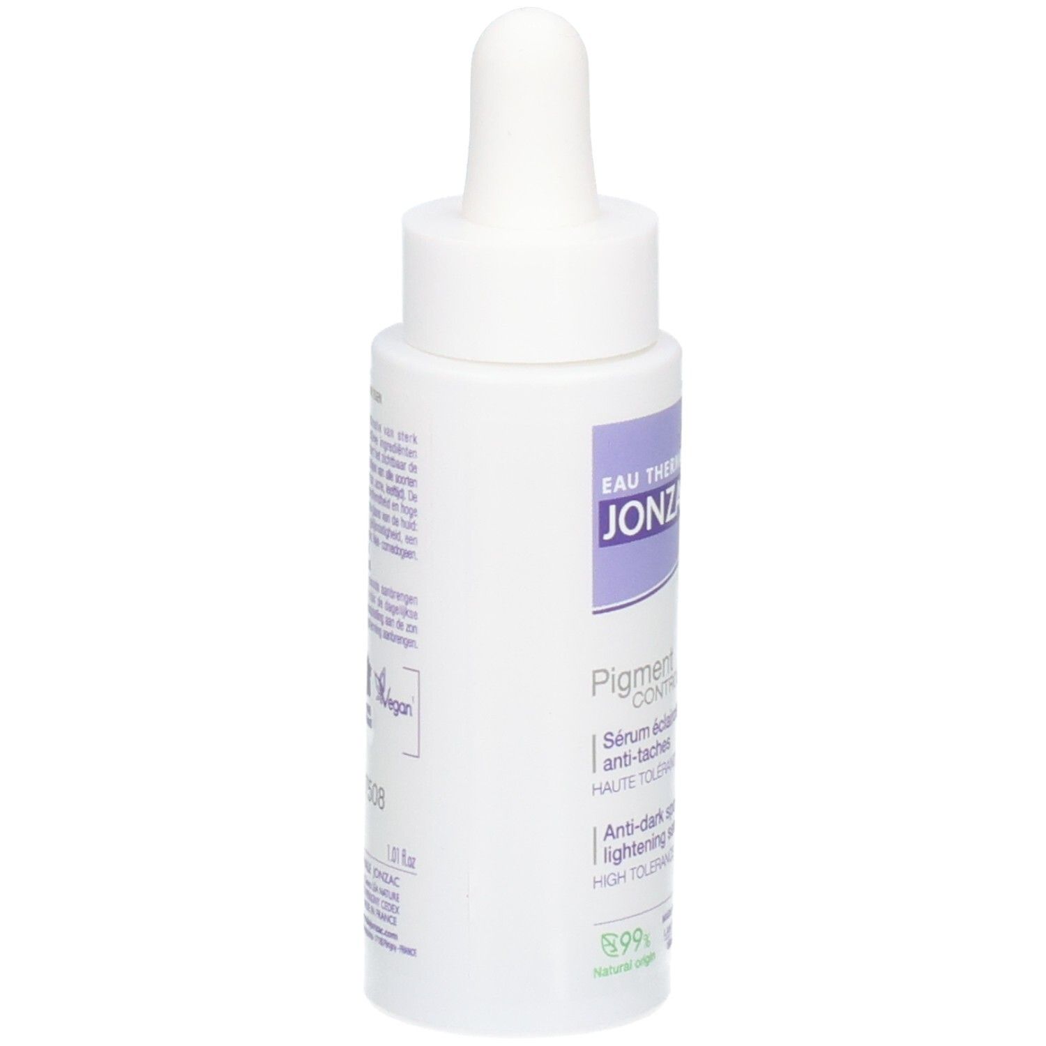 Weiße Flasche mit Pipette. Aufschrift: JONZAC, Pigment Control Serum. Text in mehreren Sprachen. 99% natürlich.