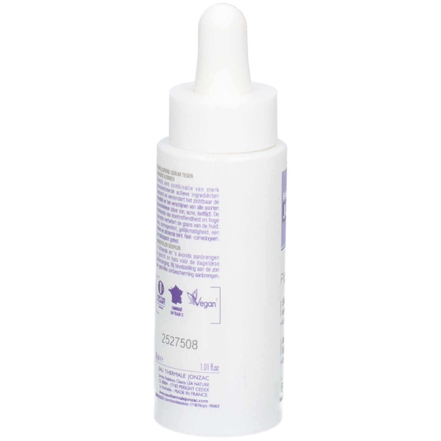 Weiße Flasche mit Pipette. Aufschrift: JONZAC, Pigment Control Serum. Text in mehreren Sprachen. Vegan-Logo.