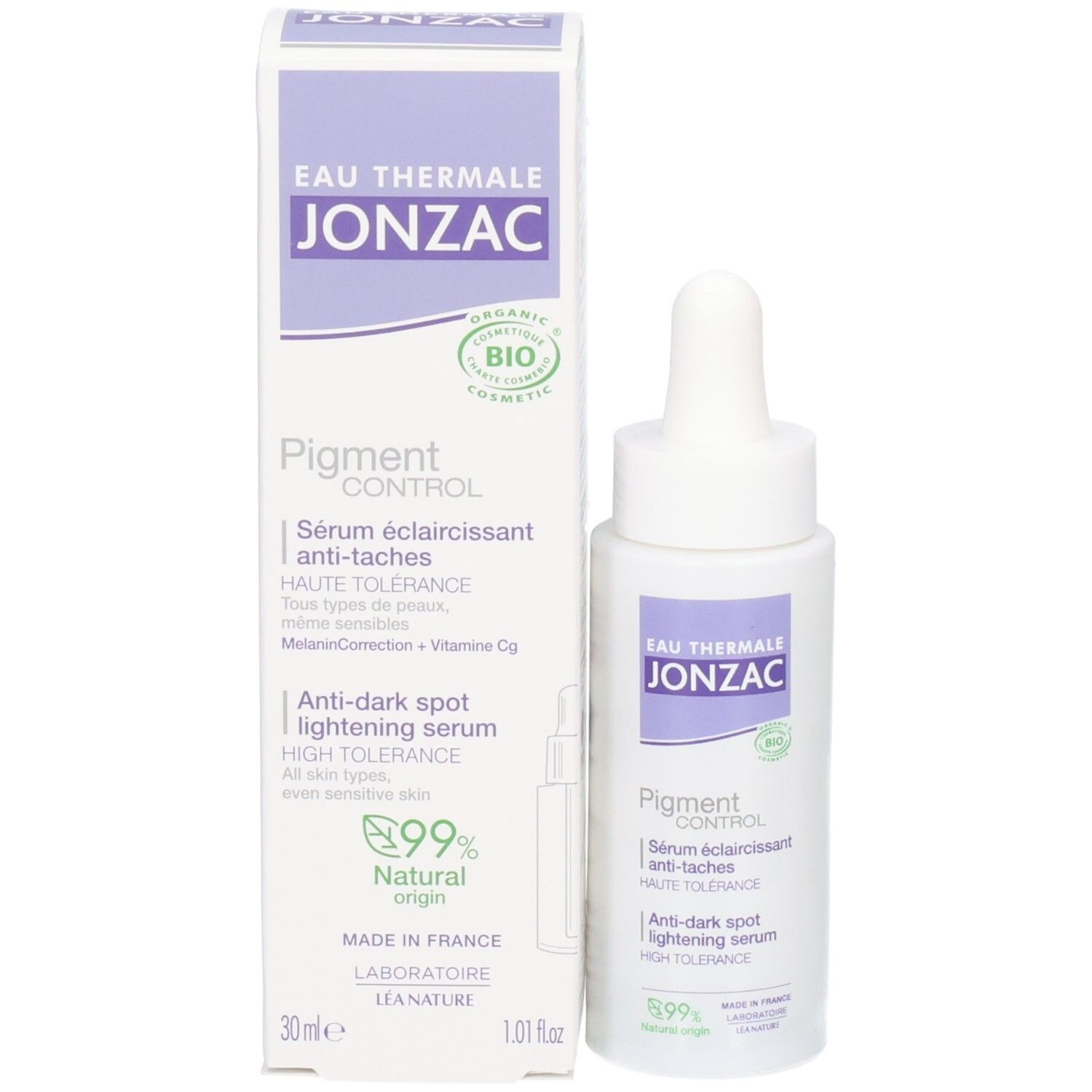 Produktverpackung und Flasche. Aufschrift: JONZAC, Pigment Control Serum. Bio-Logo. 30ml. Pipette.